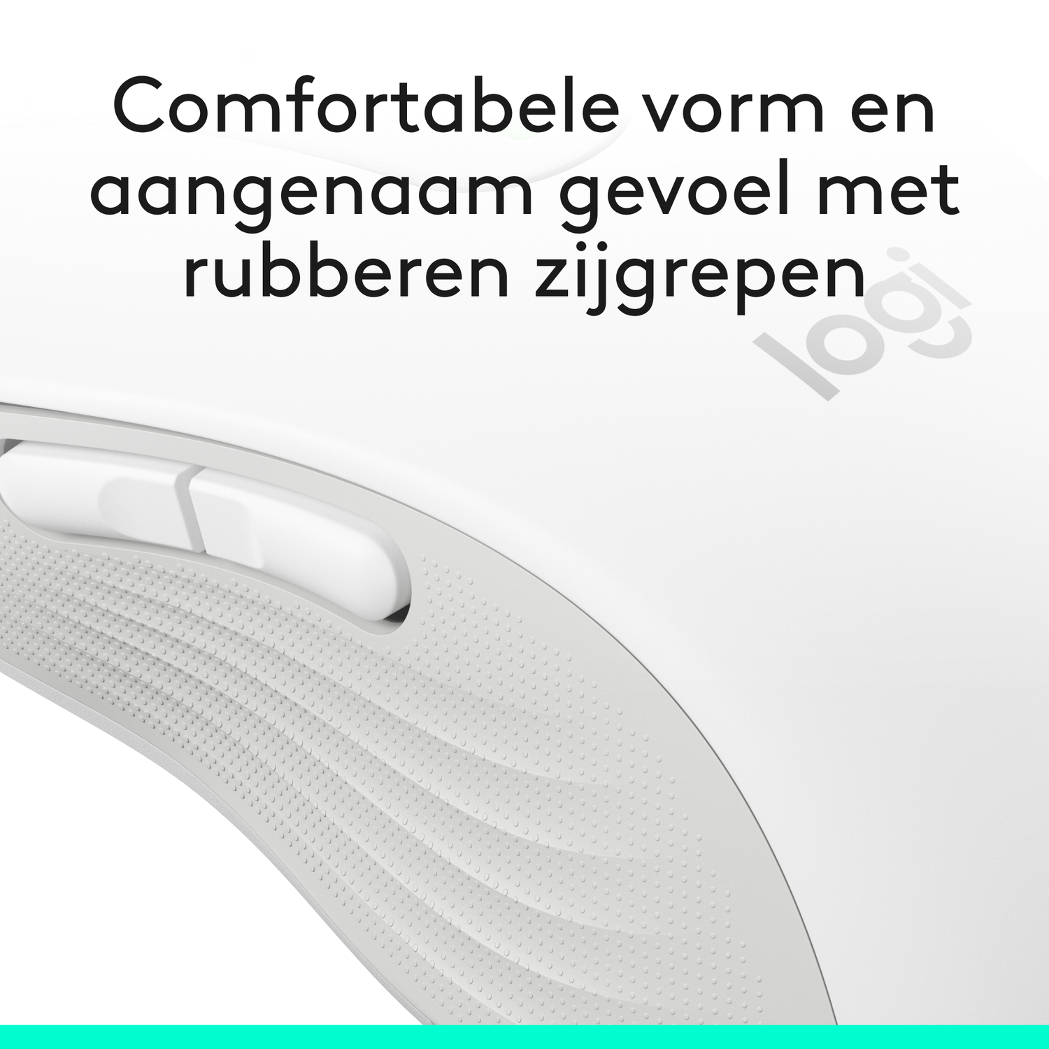 White mouse with grey rubber grips and buttons, logo on the side.
