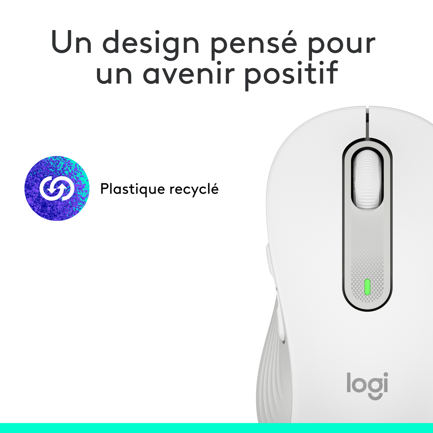 White Logitech mouse. The text says recycled plastic. A green light is on.