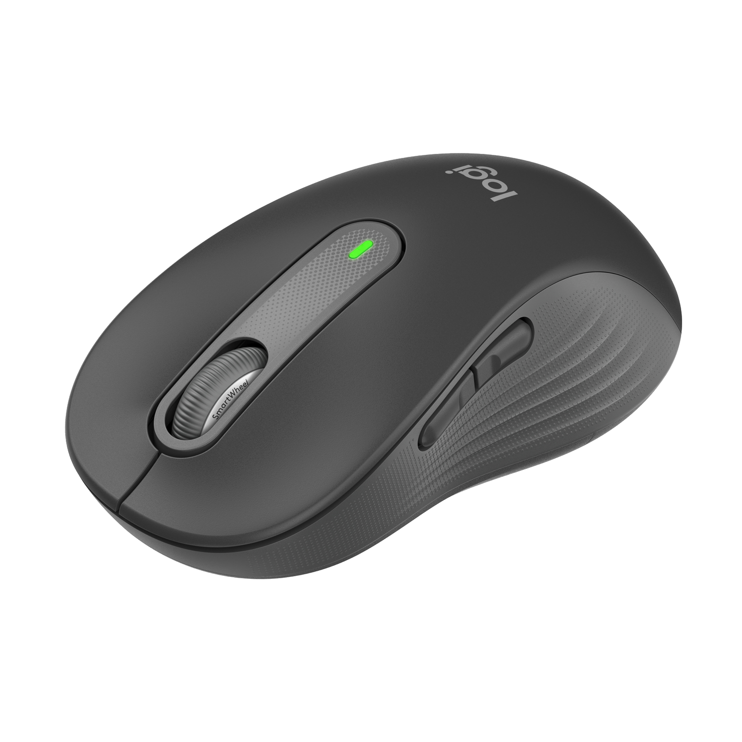 Zwarte Logitech muis met een grijze scrollwiel en een groen lampje.