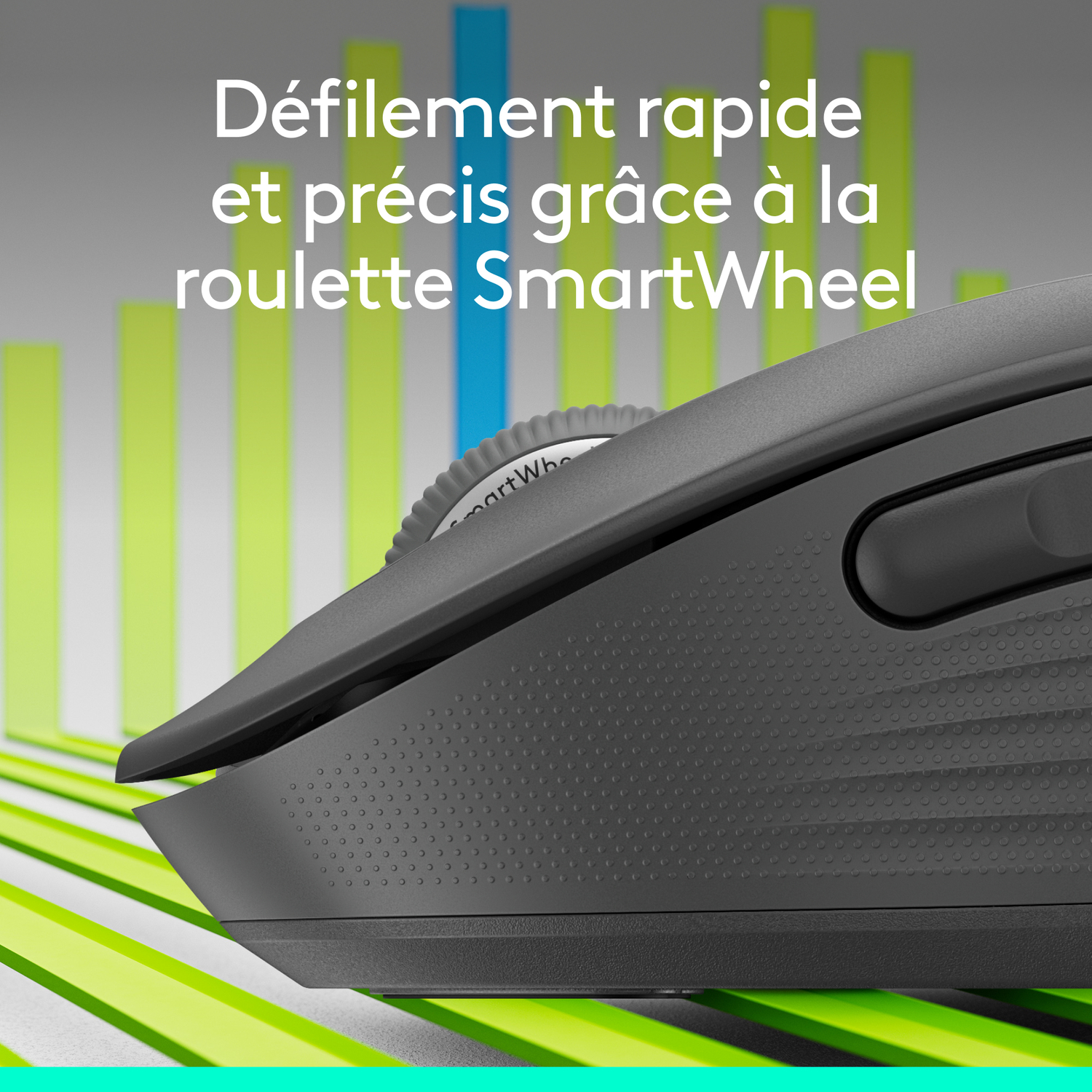 Gros plan de la souris grise. SmartWheel visible, fond vert et jaune. Texte : Défilement rapide.