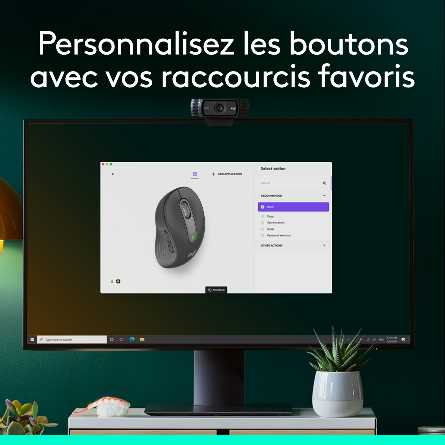Écran montrant les options de personnalisation de la souris. Souris et clavier. Texte : Personnalisez les boutons.