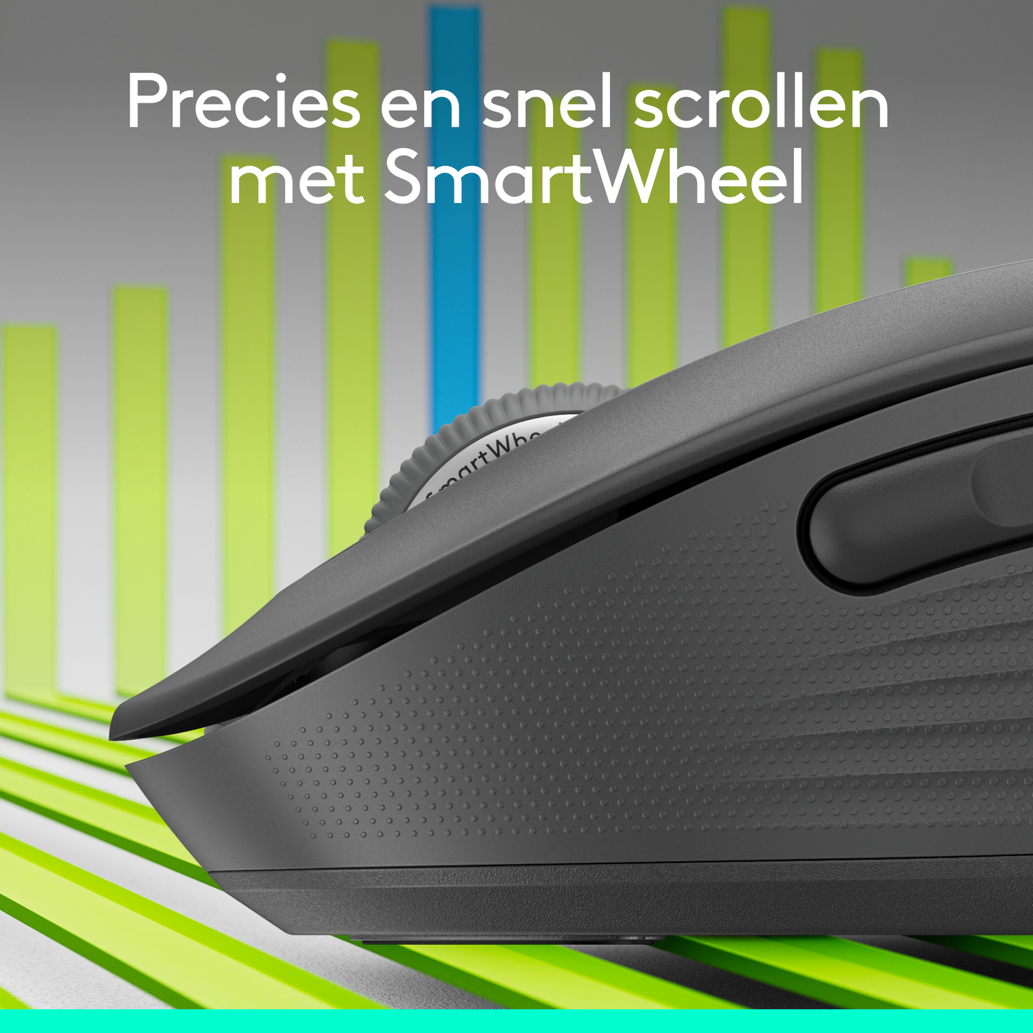 Donkergrijze muis met een scrollwiel. De achtergrond heeft groene balken.