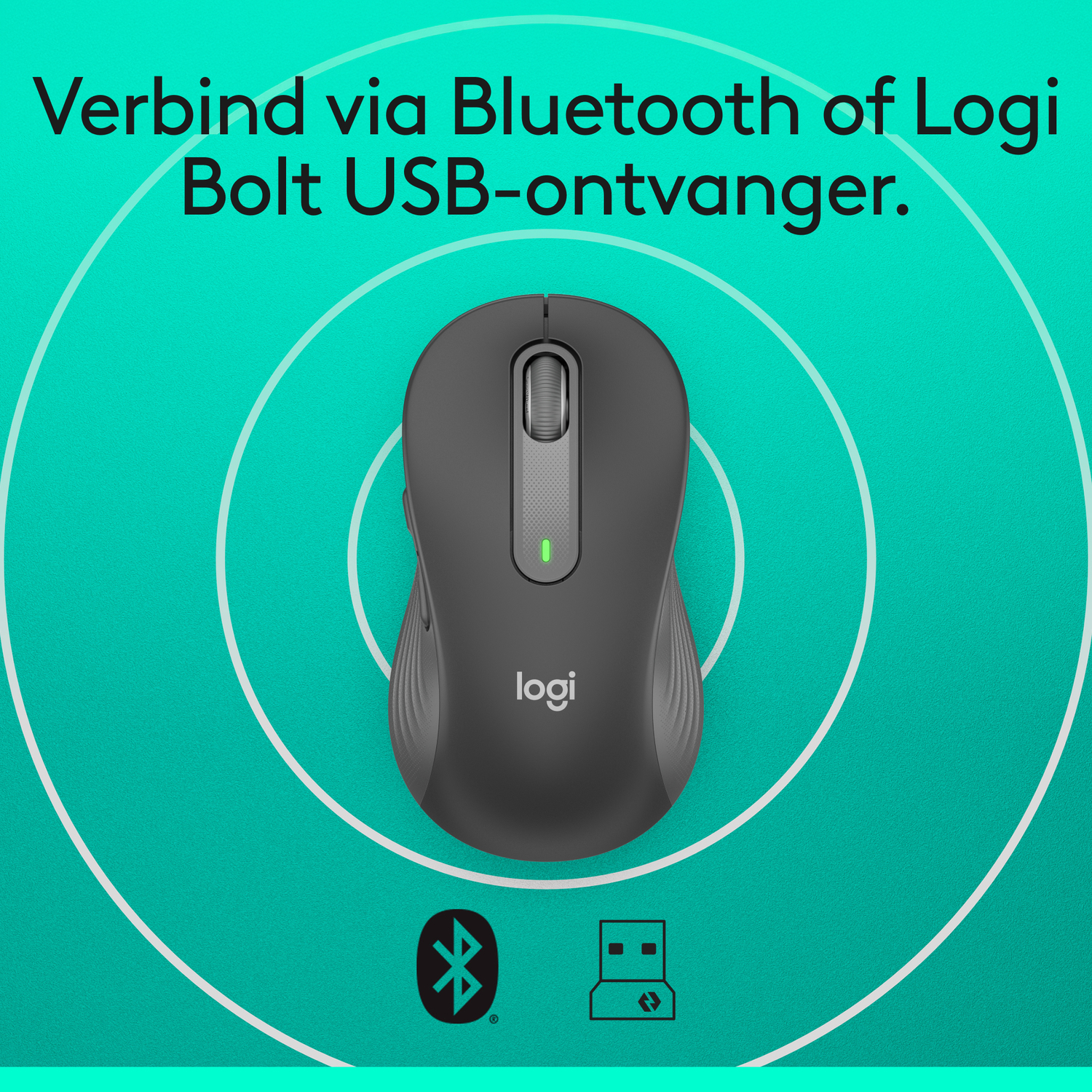 Een grijze Logitech muis op een blauwgroene achtergrond met Bluetooth- en USB-iconen.