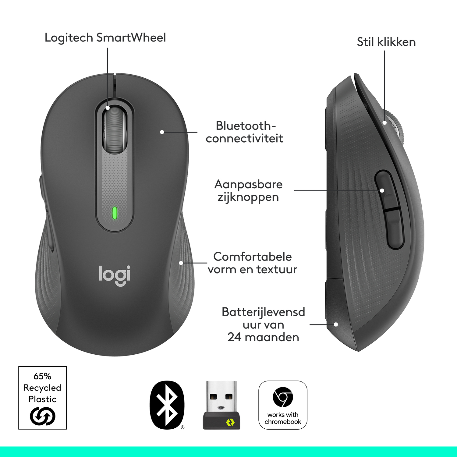 Een zwarte Logitech-muis met in het Nederlands gelabelde functies. Het heeft een SmartWheel en Bluetooth.