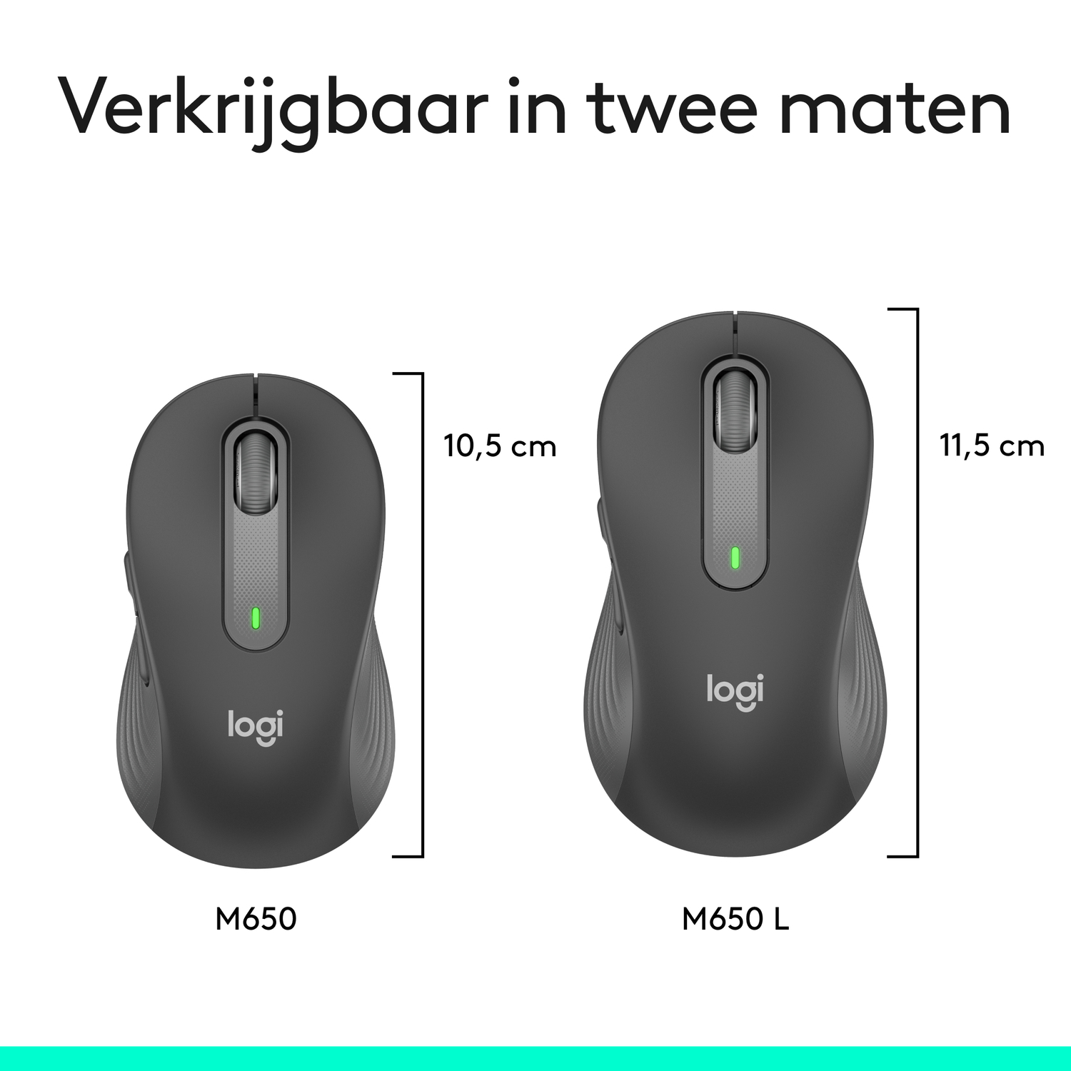 Twee zwarte Logitech computermuizen, de ene groter dan de andere. Tekst: M650 en M650 L.
