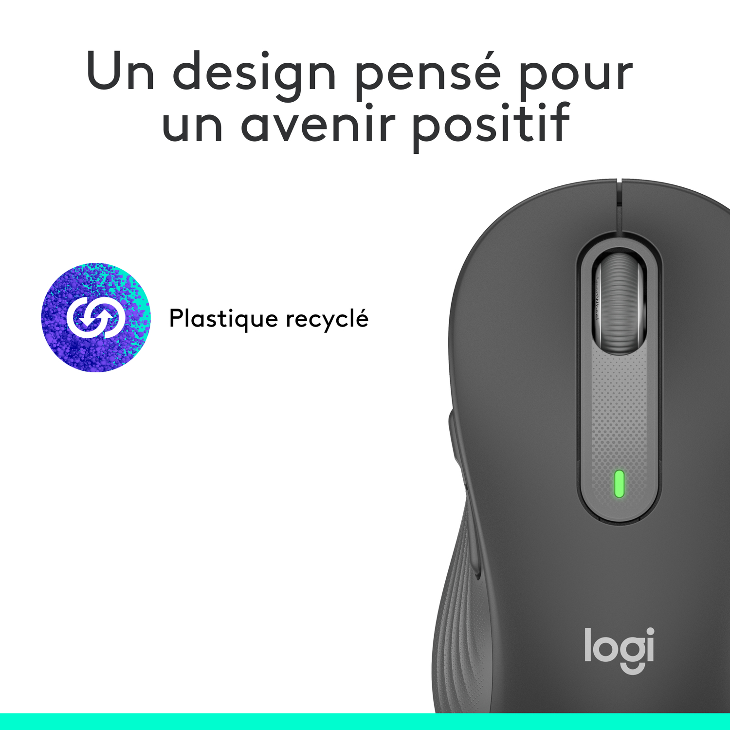 Souris noire avec une icône de recyclage et le mot plastique, et un logo.
