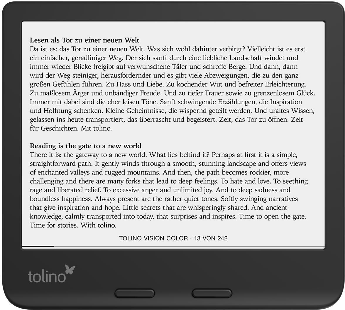 E-Reader zeigt Text an. Schwarzer Rand und weißer Hintergrund. Der Text ist auf Deutsch.