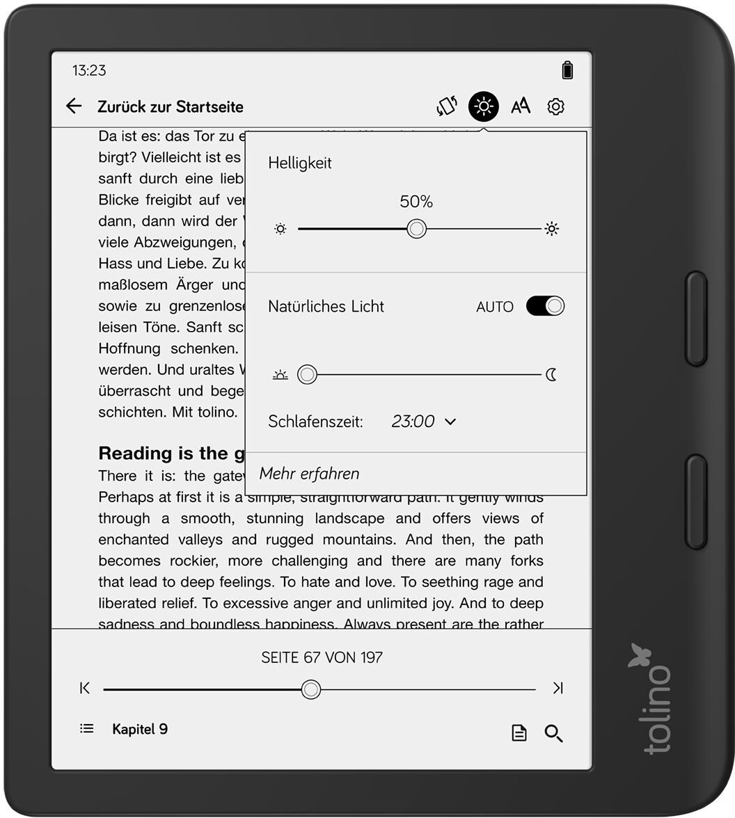 E-Reader-Bildschirm mit Text, Helligkeitseinstellung und Menü. Der Bildschirm ist schwarz.