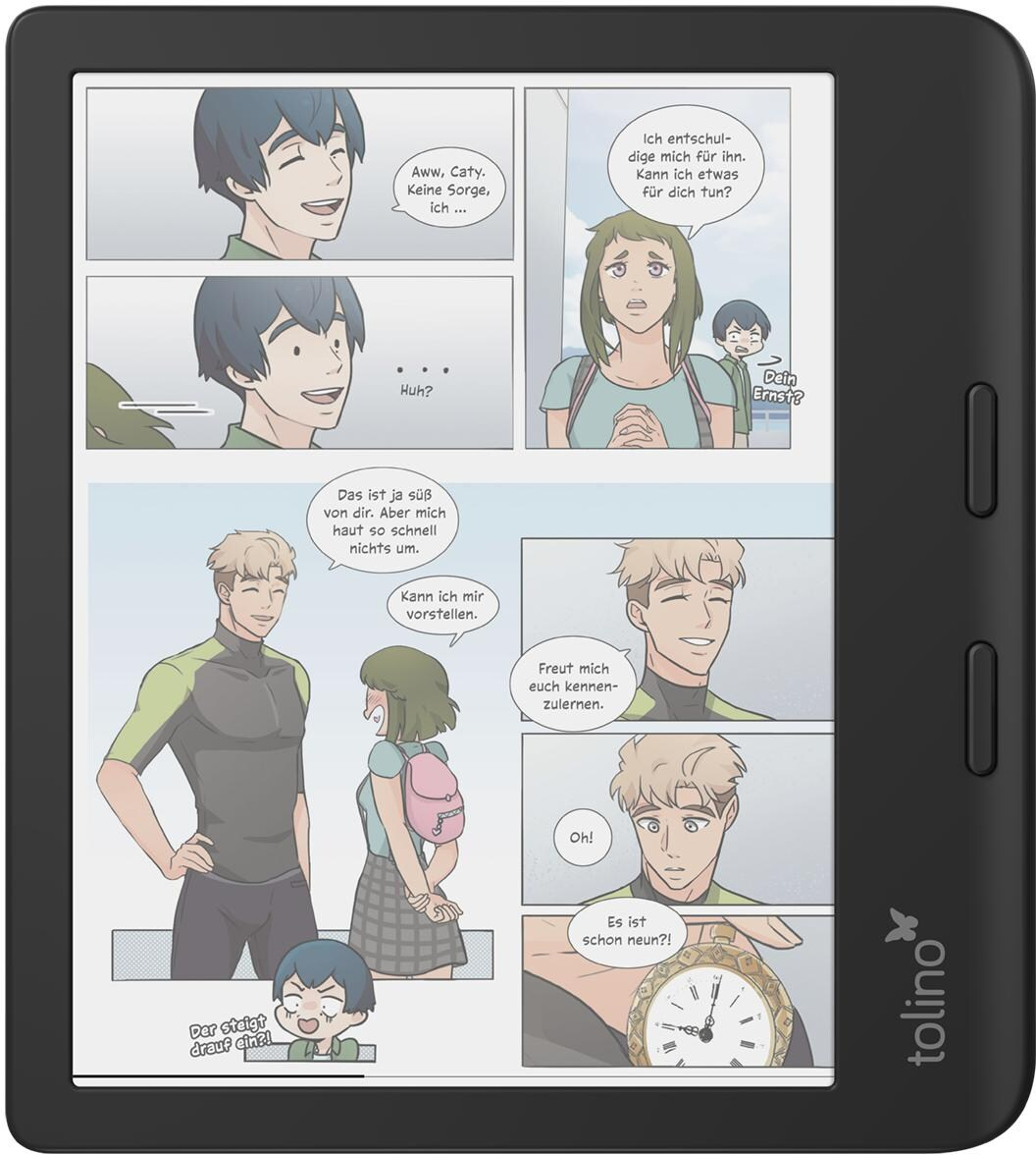 E-Reader-Bildschirm mit einem Comicstrip. Charaktere in verschiedenen Panels und Sprechblasen.