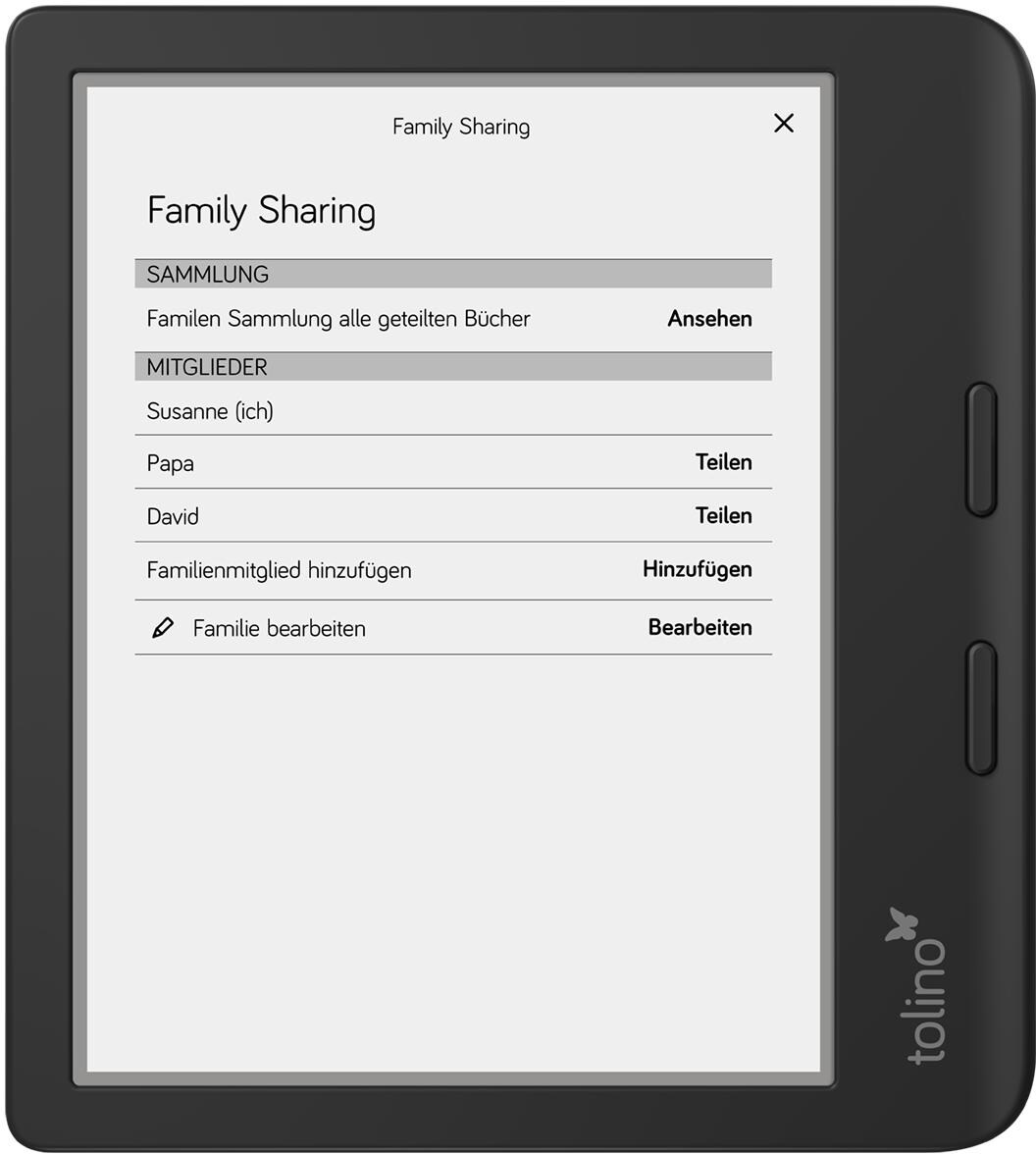 E-Reader, der Family Sharing-Optionen anzeigt. Text und Benutzersymbole.