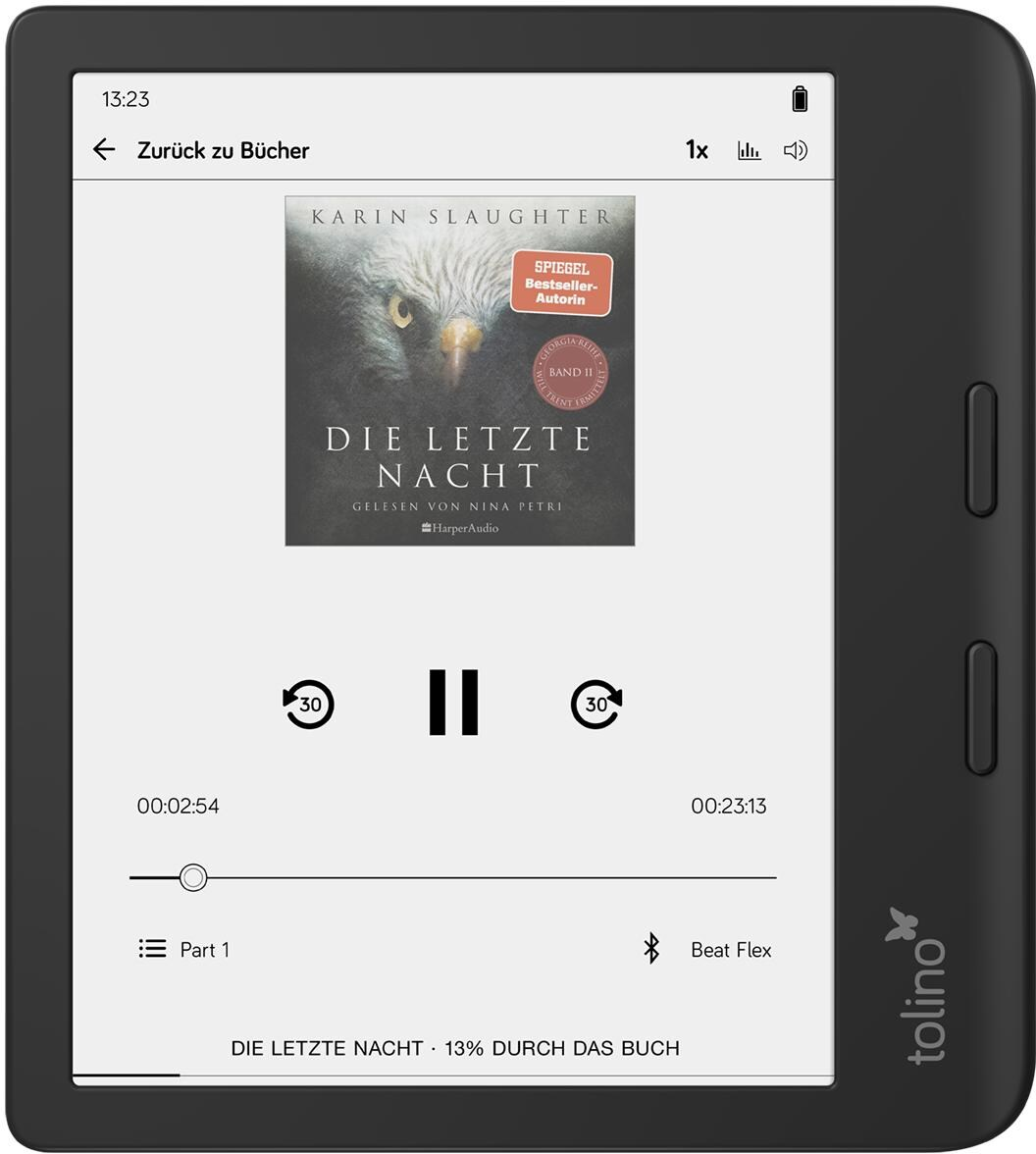 E-Reader zeigt Buchcover, Audiosteuerung und Lesefortschritt. Der Bildschirm ist schwarz mit dunklem Rand.