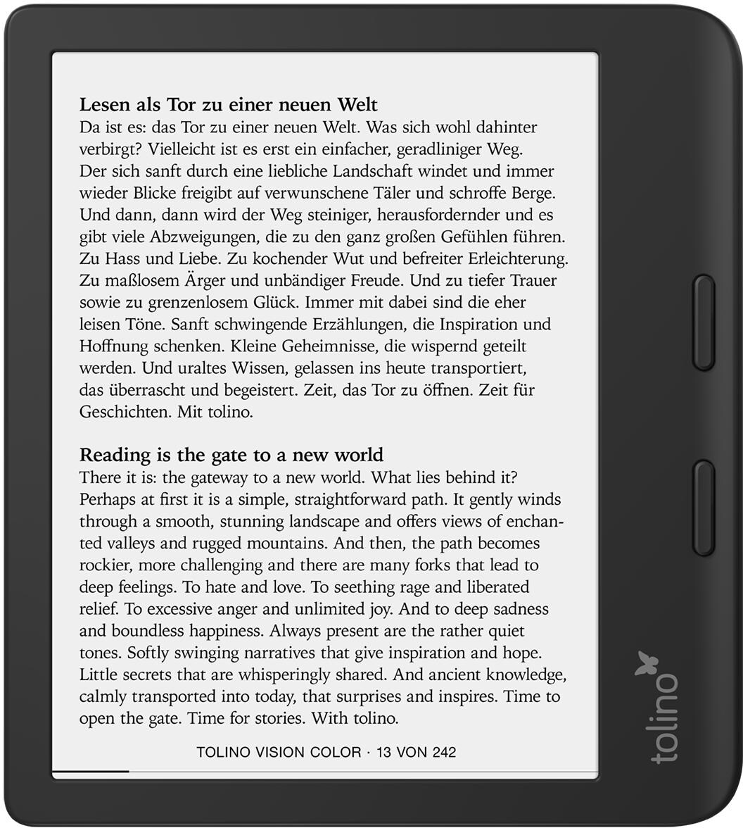 E-Reader-Bildschirm mit Text, Schwarzweiß. Ein Menü mit Einstellungen wird angezeigt.