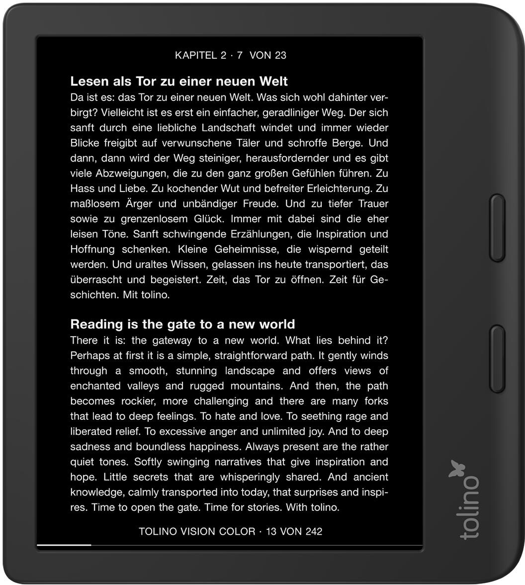 E-Reader-Bildschirm mit Text über eine neue Welt.