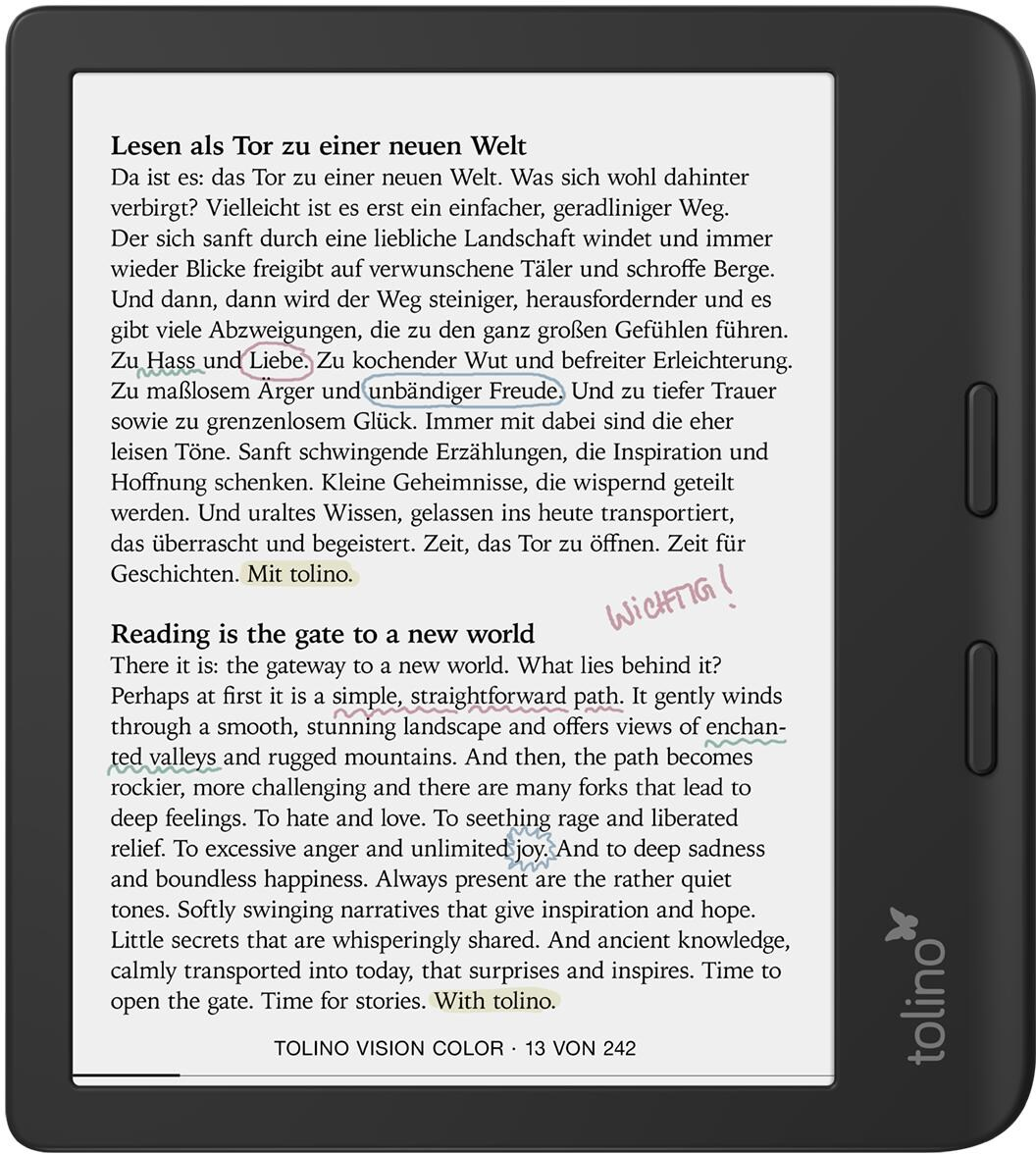 Ein Buch mit deutschem Text auf einem Bildschirm, auf dem steht: Lesen ist das Tor zu einer neuen Welt.