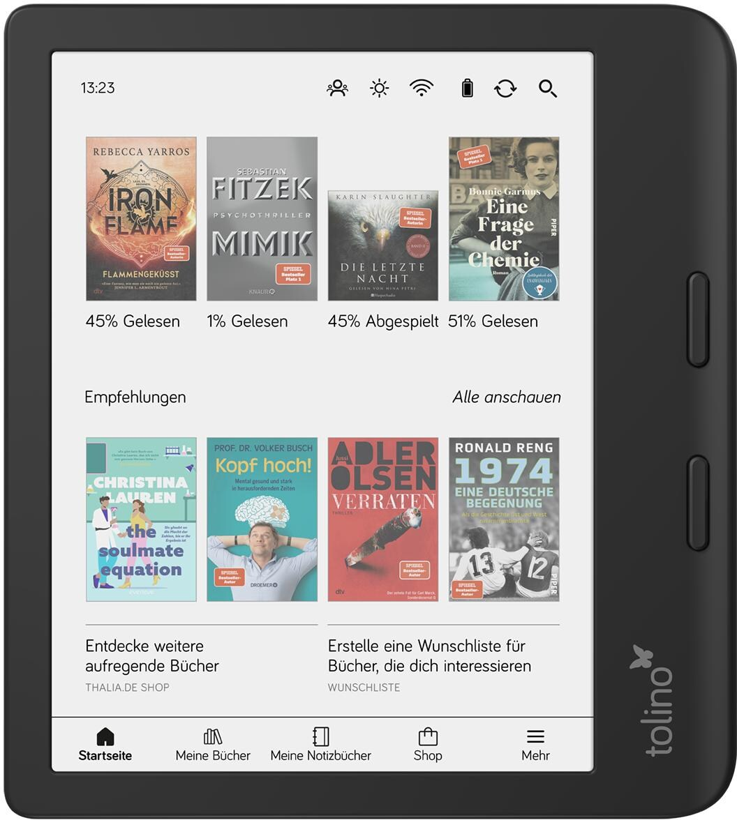 E-Reader-Bildschirm mit einer Bücherliste. Verschiedene Buchcover sind sichtbar.
