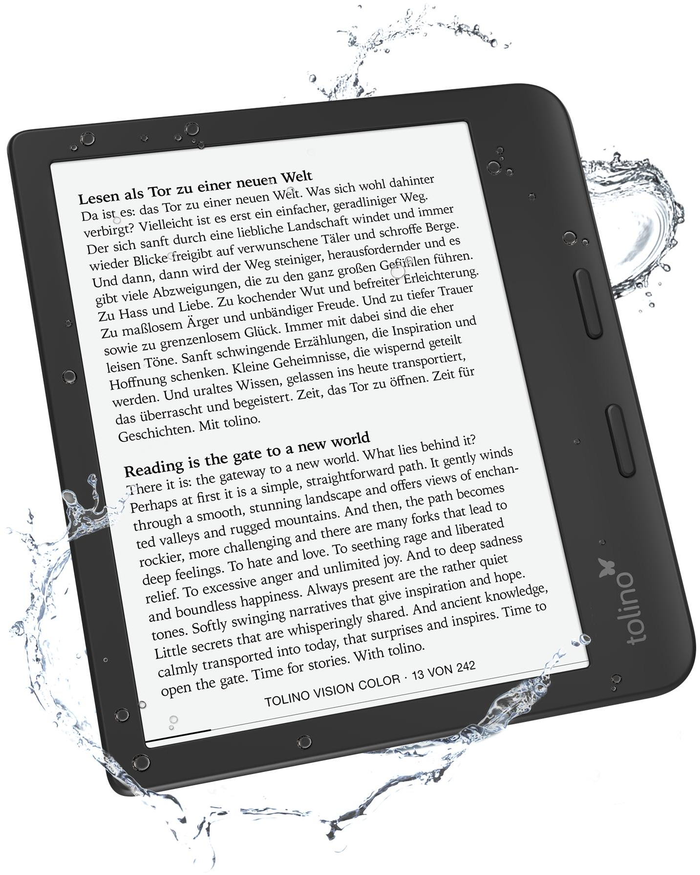 E-Reader mit Text, umgeben von Wasser.