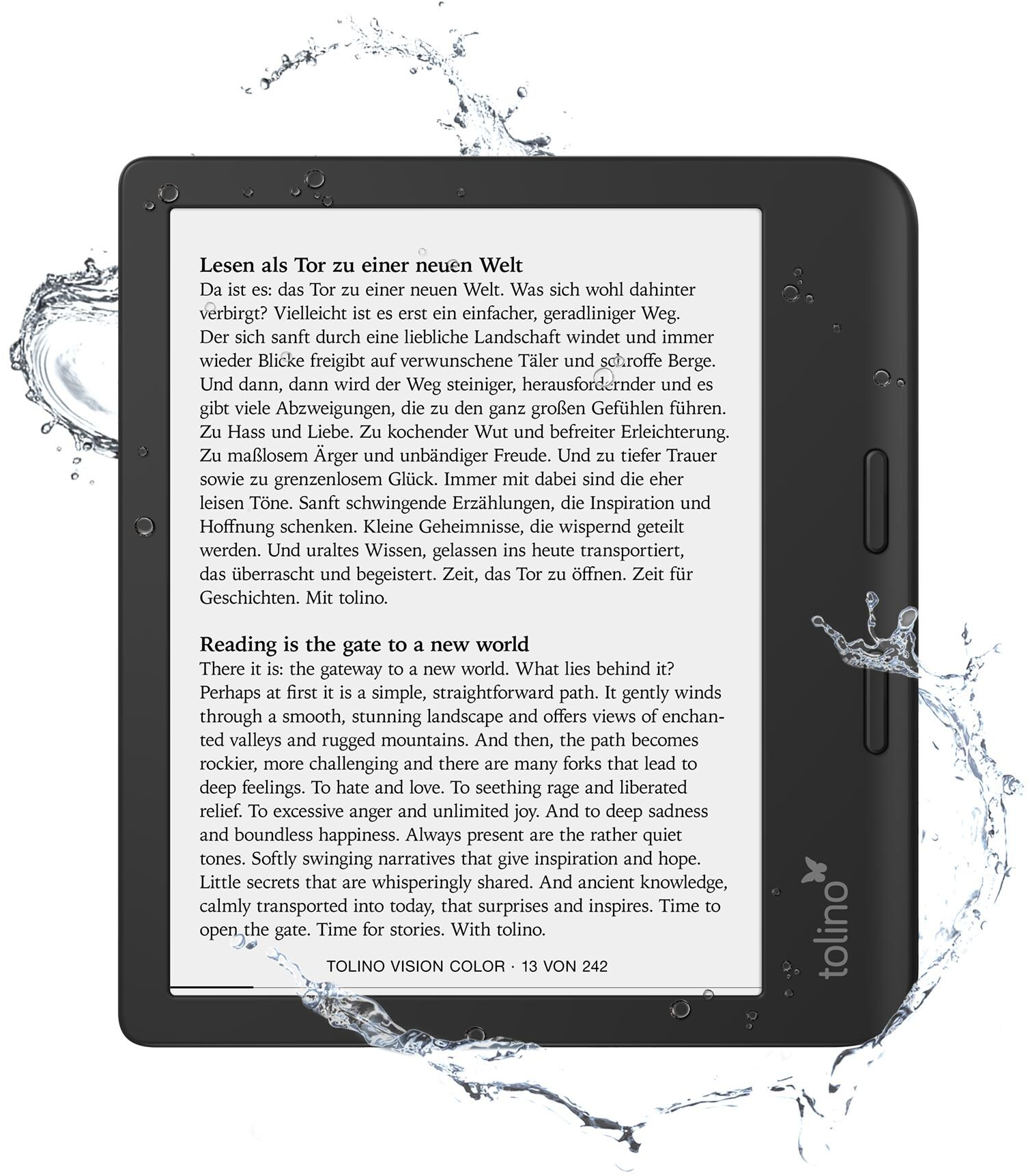 E-Reader im Wasser mit Text auf dem Bildschirm. Wassertropfen umgeben das Gerät.