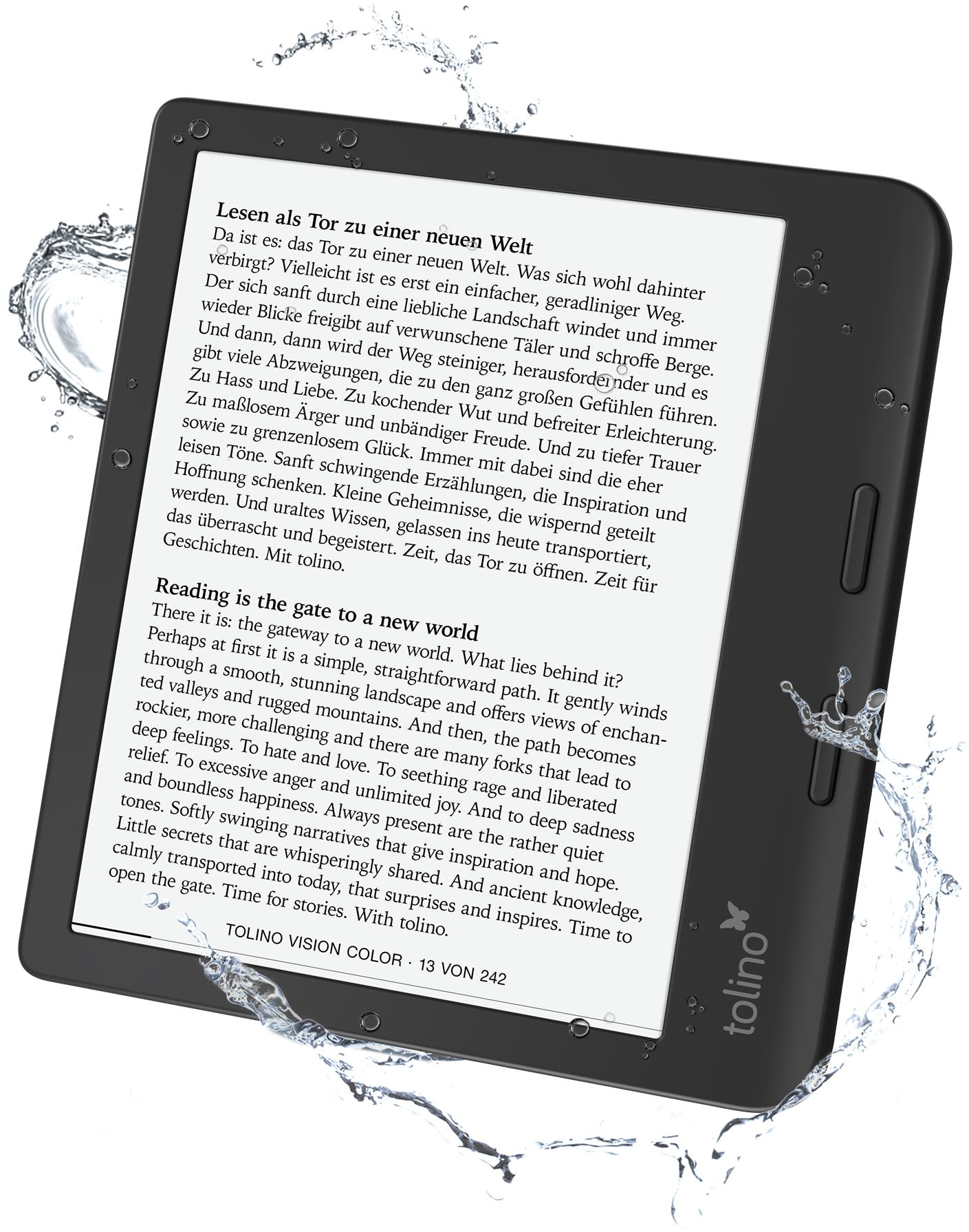 E-Reader mit Text und Wasser drumherum.