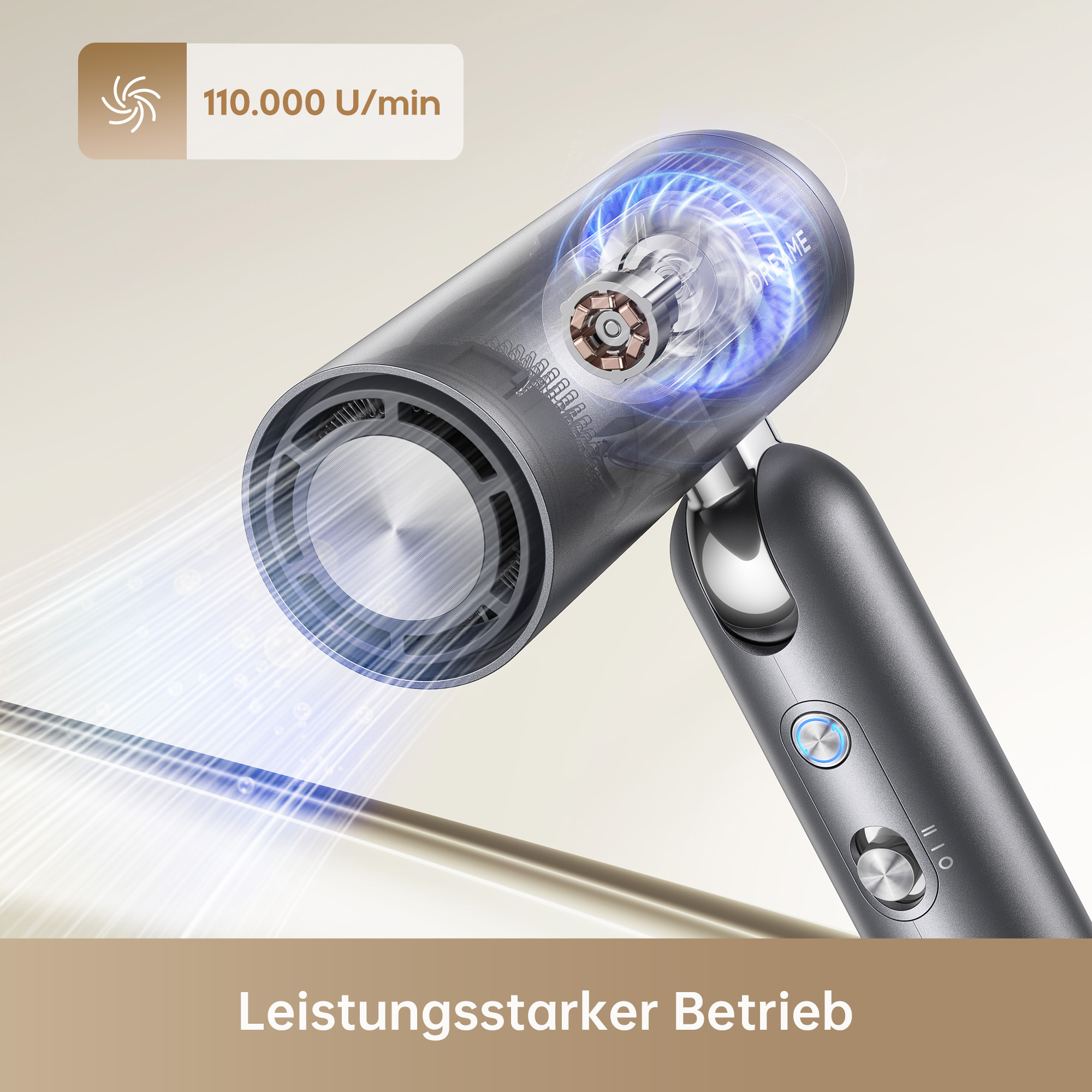 Haartrockner mit Fokus auf negative Ionen und Text zur Haarpflege.