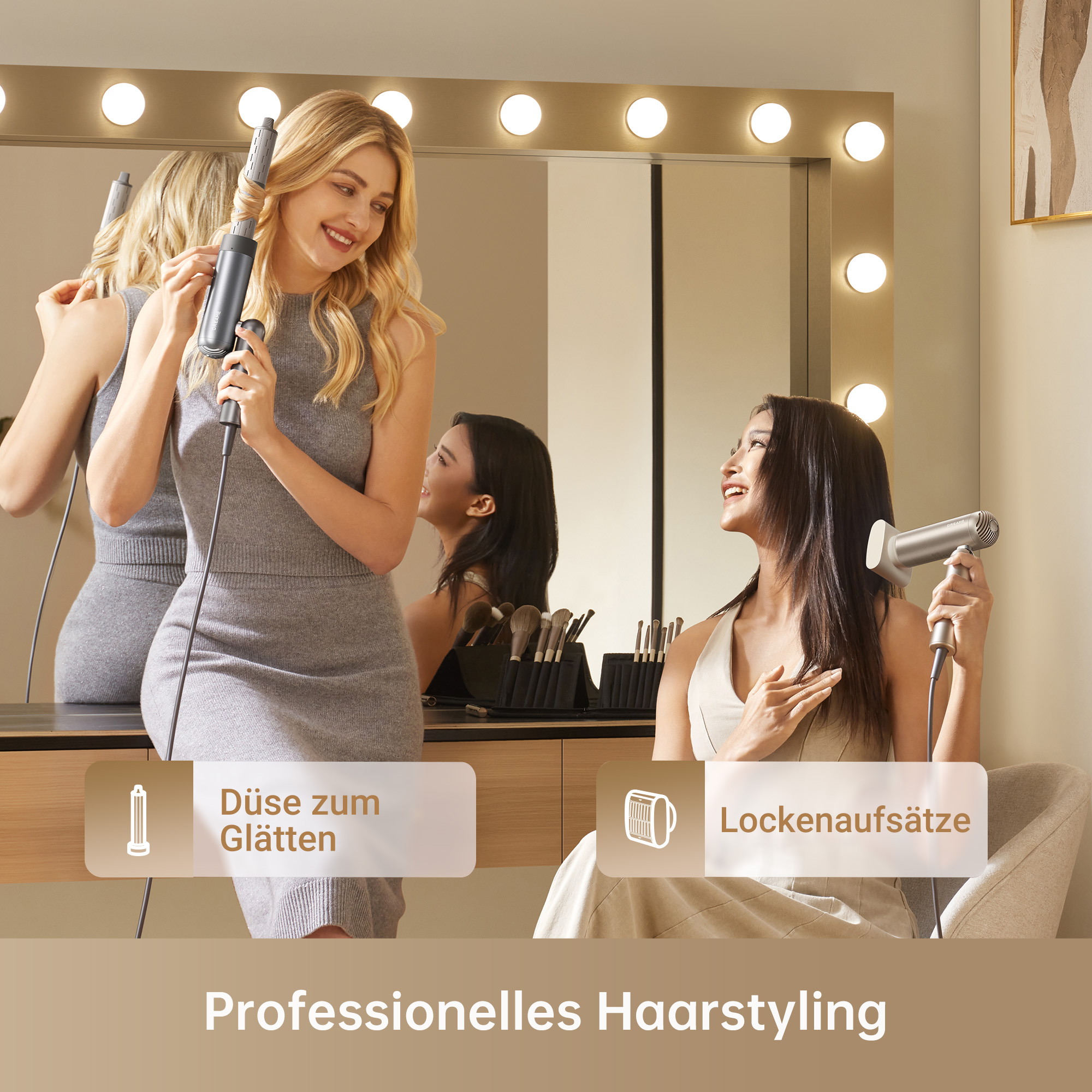 Zwei Frauen stylen Haare mit Haarwerkzeugen in einem gut beleuchteten Raum.