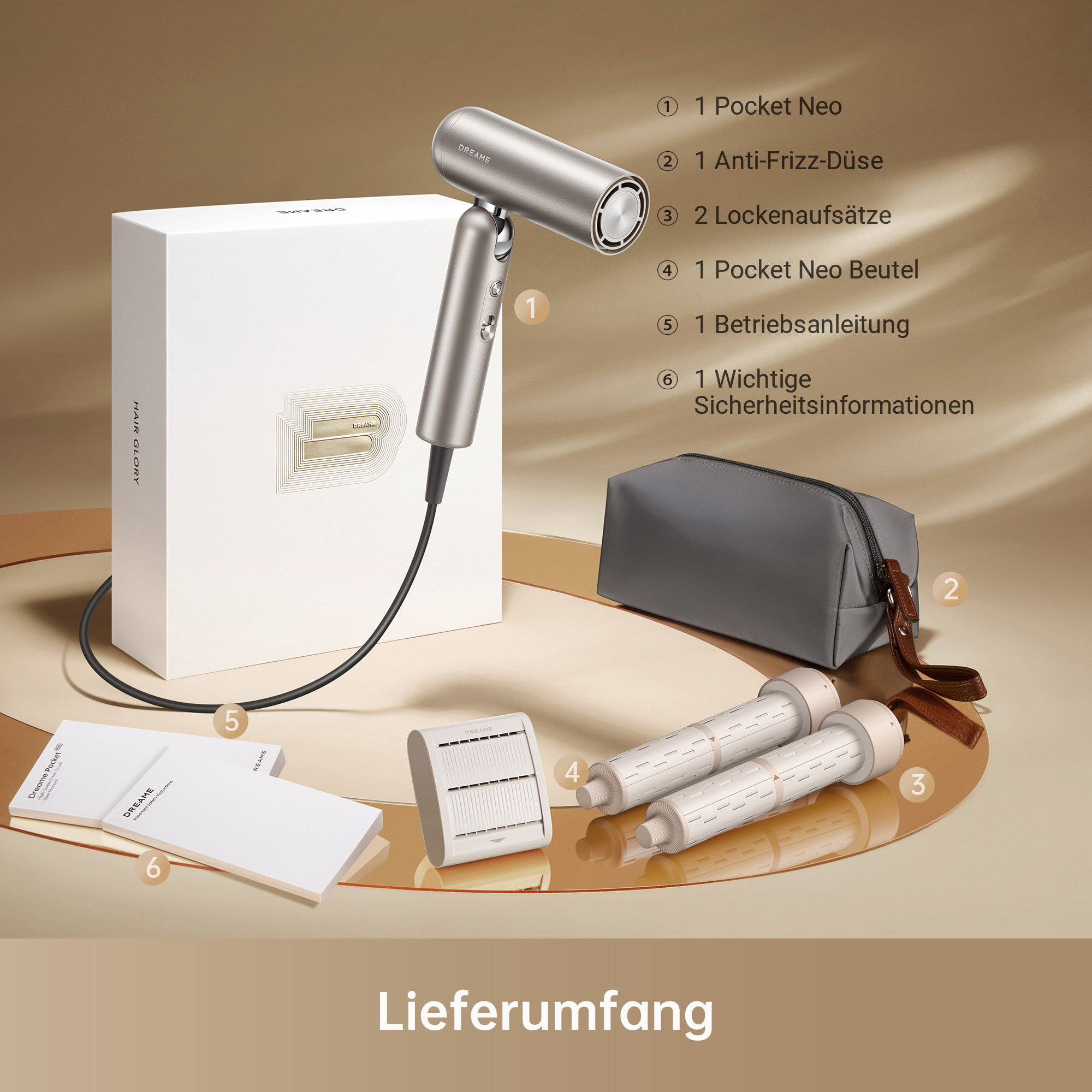 Haartrockner und Zubehör, mit nummerierten Etiketten und Box.