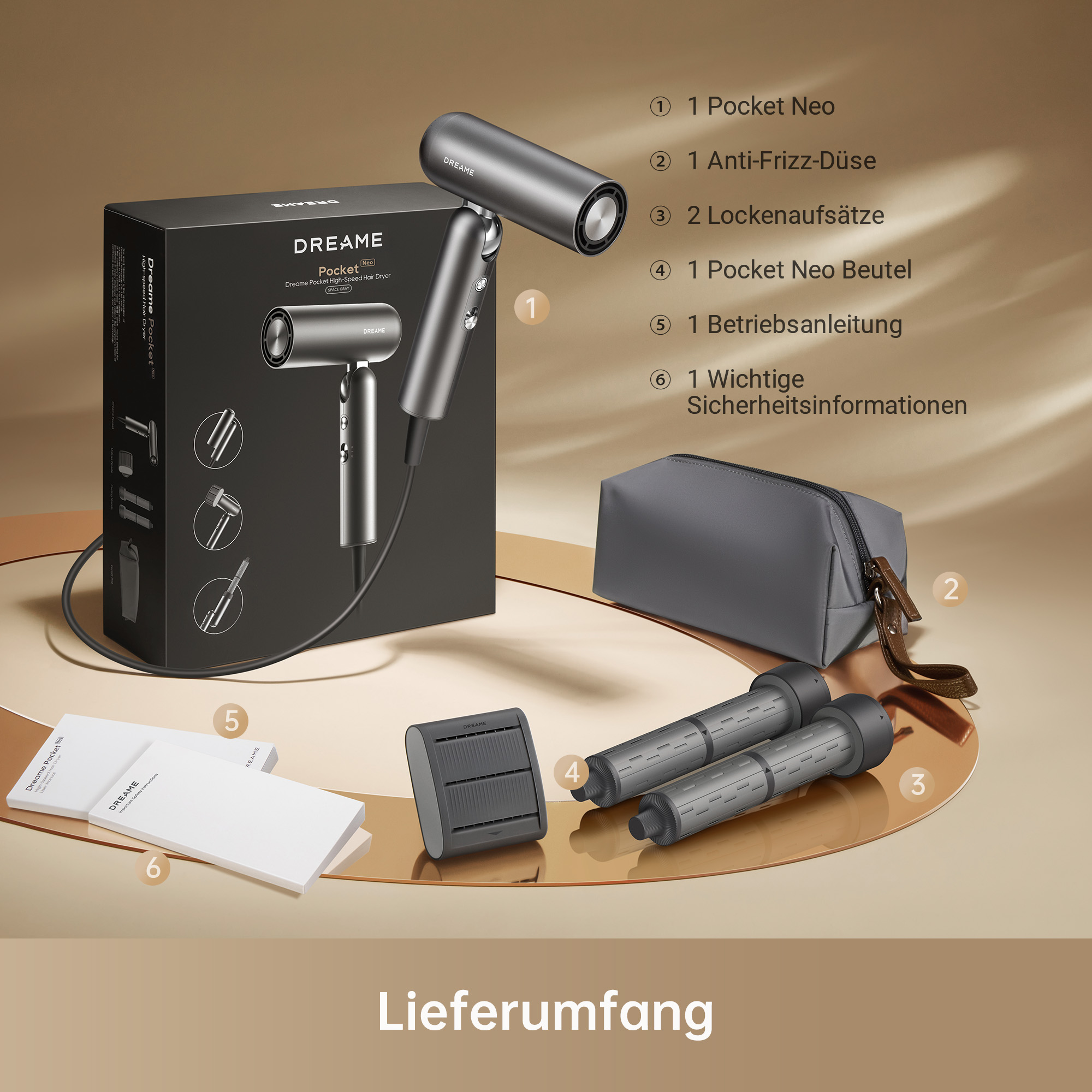 Eine Frau, die einen Haartrockner und dessen Zubehör hält.