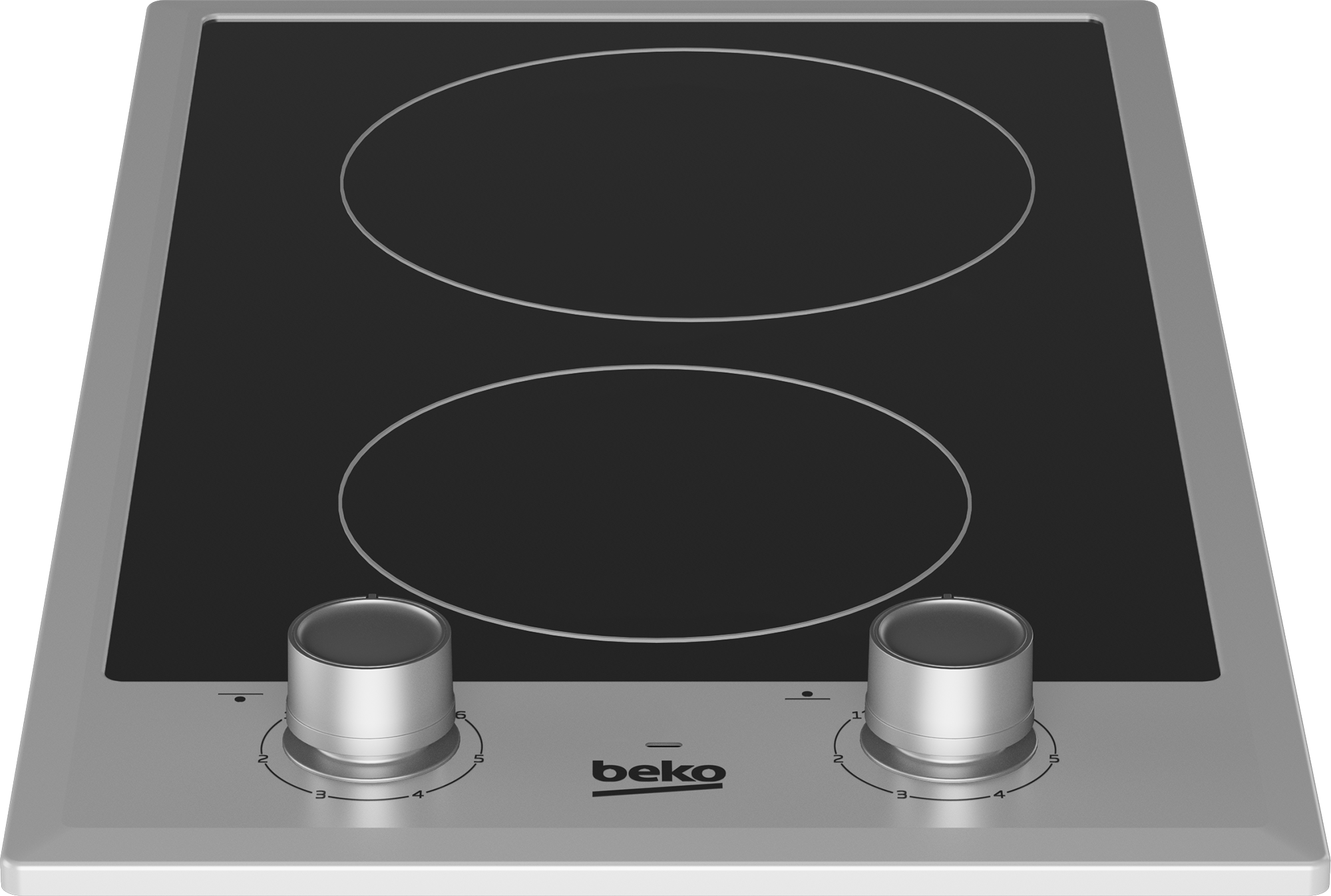 Płyta elektryczna z dwoma palnikami i srebrnymi pokrętłami, widok z góry.