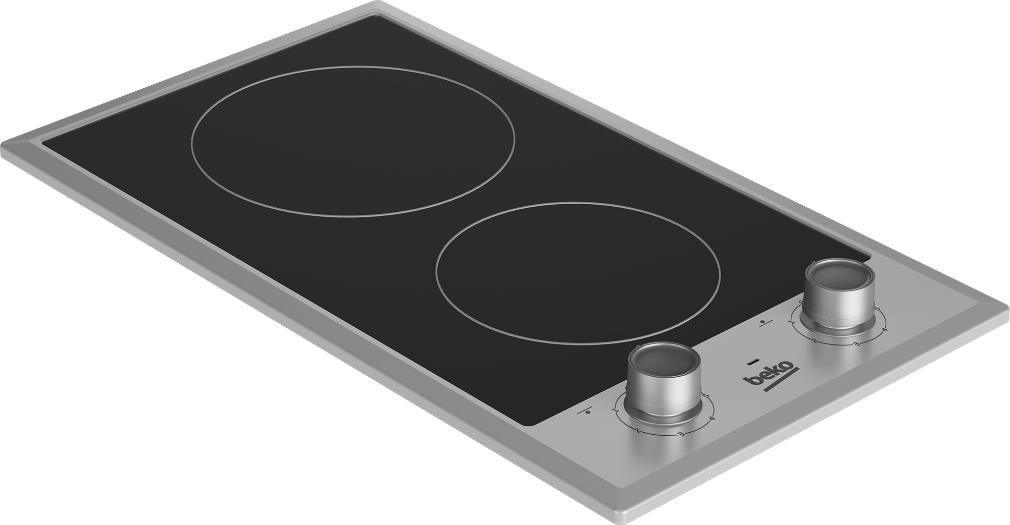 Czarna płyta indukcyjna z dwoma okrągłymi elementami grzejnymi i srebrnymi pokrętłami.
