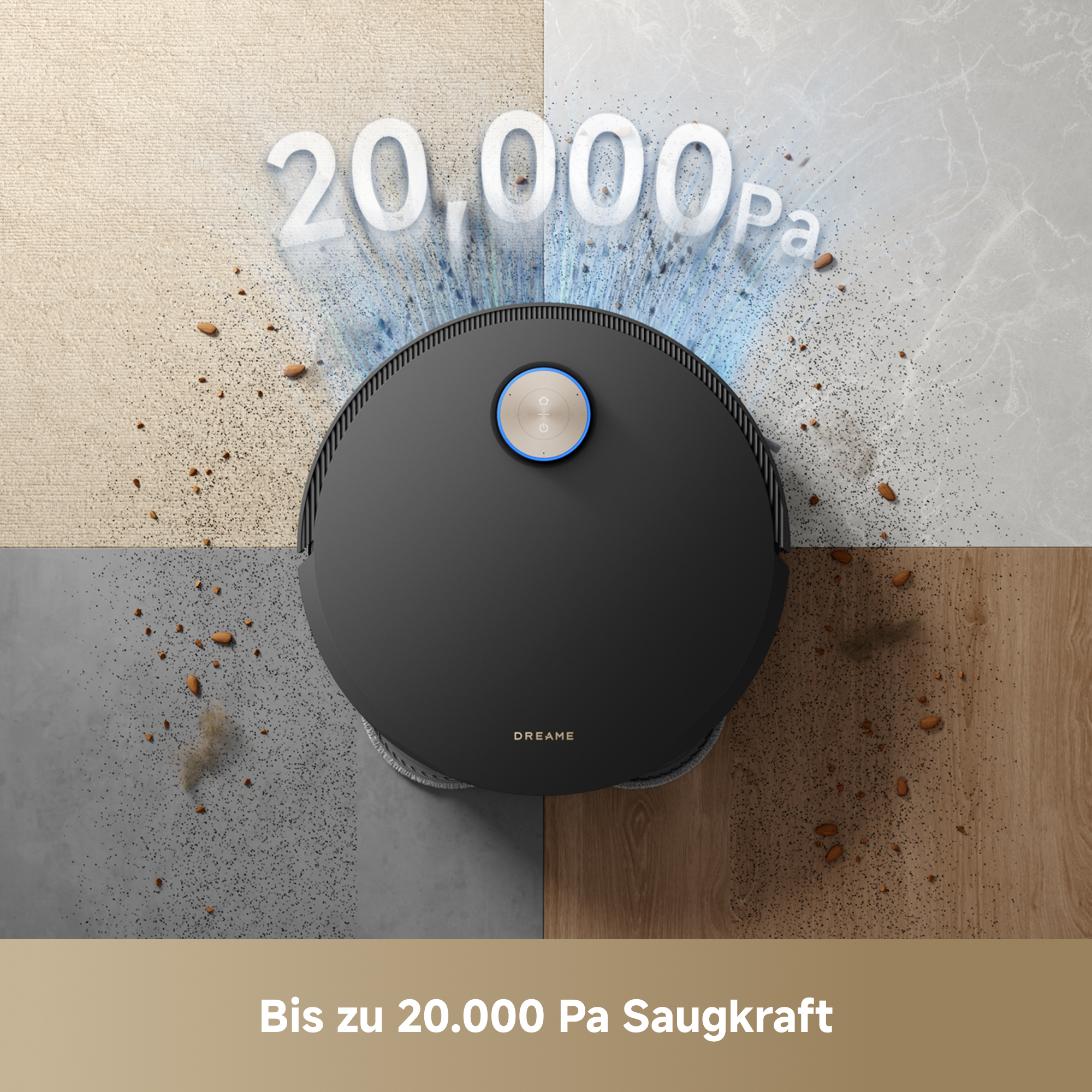 Ein schwarzer Roboter-Staubsauger auf einem gemusterten Boden, mit Textüberlagerung.