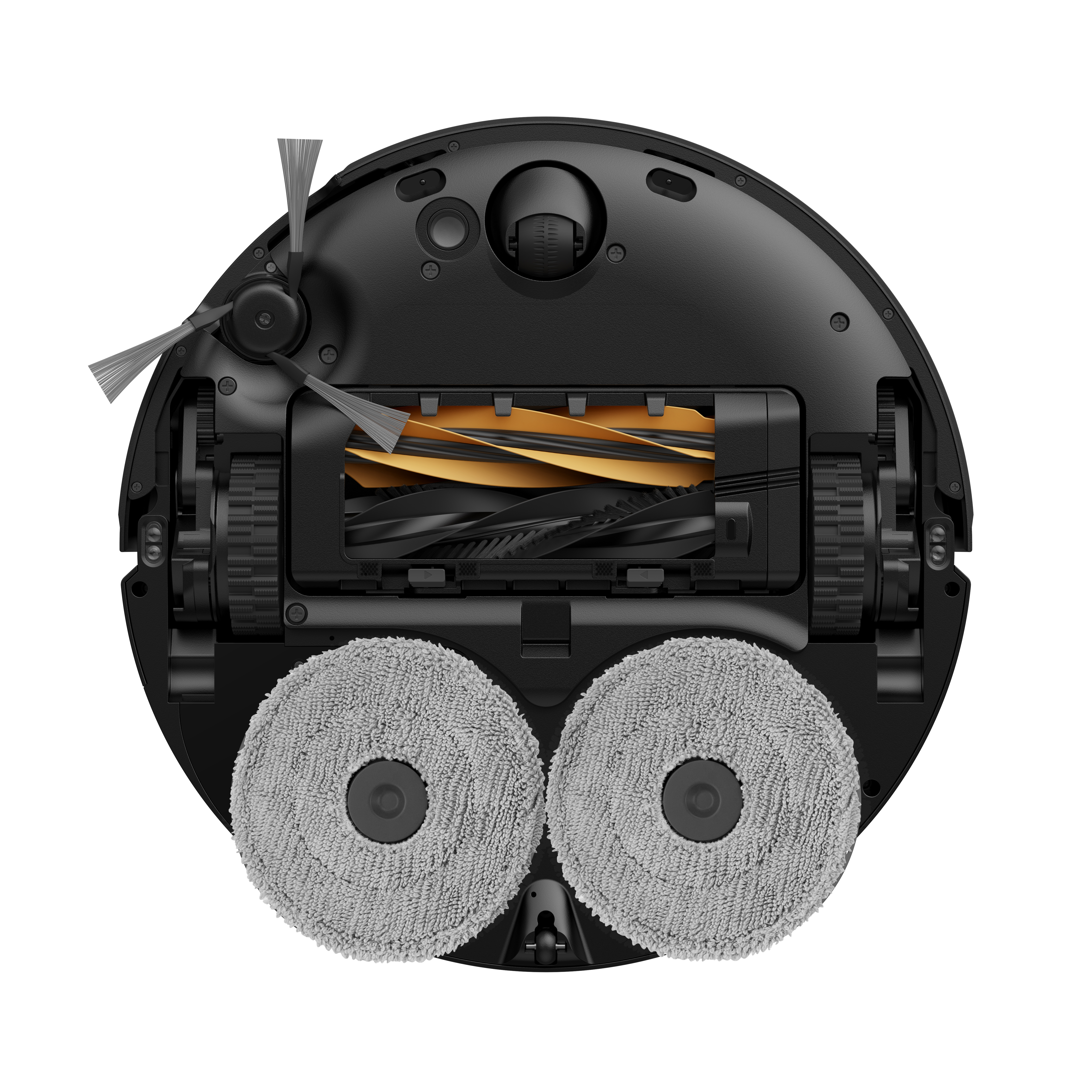 Unterseite des Roboterstaubsaugers. Rotierende Bürsten, Reinigungspads und Räder sind sichtbar.