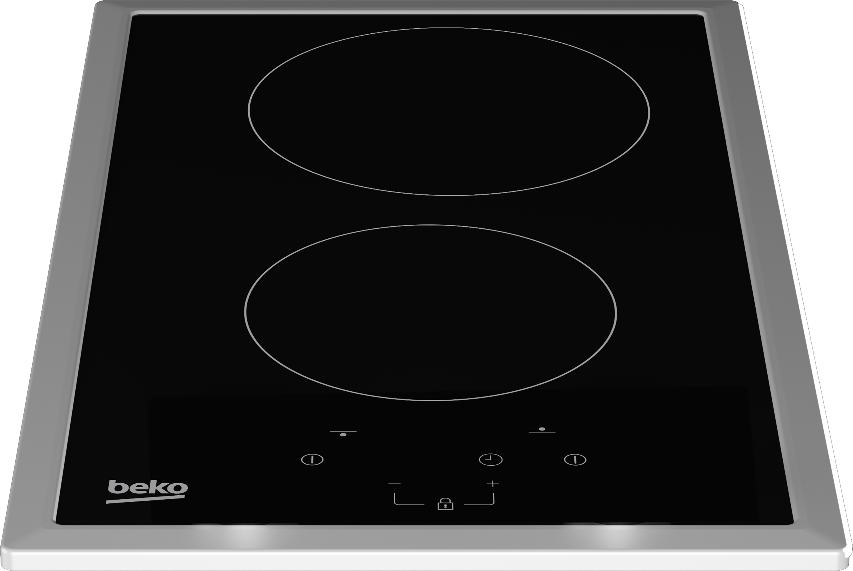 Czarna płyta indukcyjna z dwoma palnikami, srebrną ramką i panelem sterowania z logo Beko.