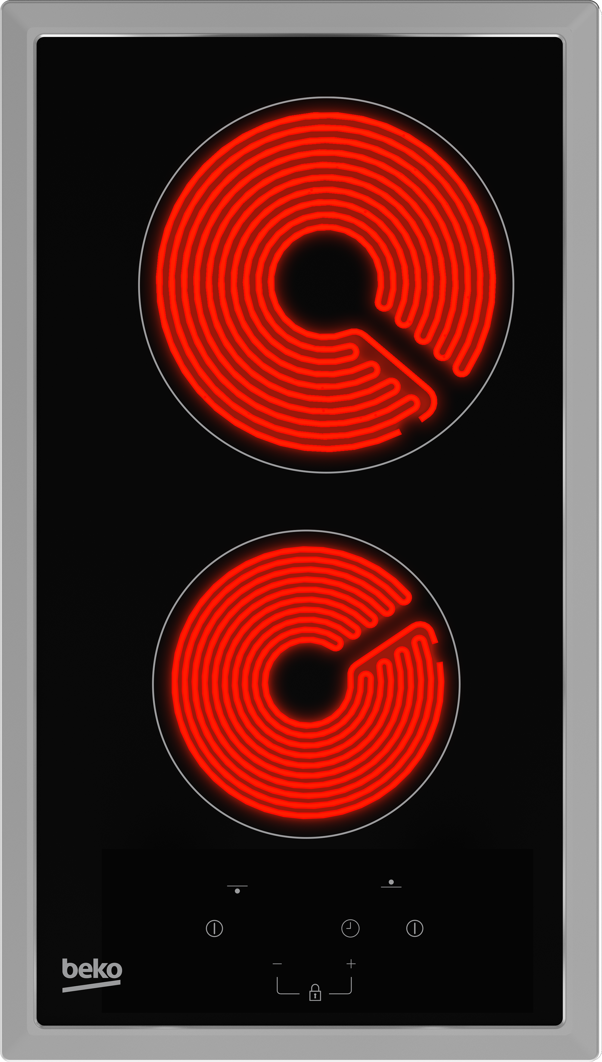 Czarna płyta elektryczna z dwoma czerwonymi, gorącymi pierścieniami i sterowaniem dotykowym. Srebrna ramka otacza powierzchnię.