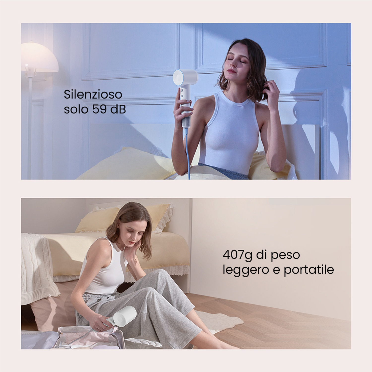 Donna con phon. Il testo dice: 'Silenzioso, solo 59 dB' e '407g leggero e portatile'.