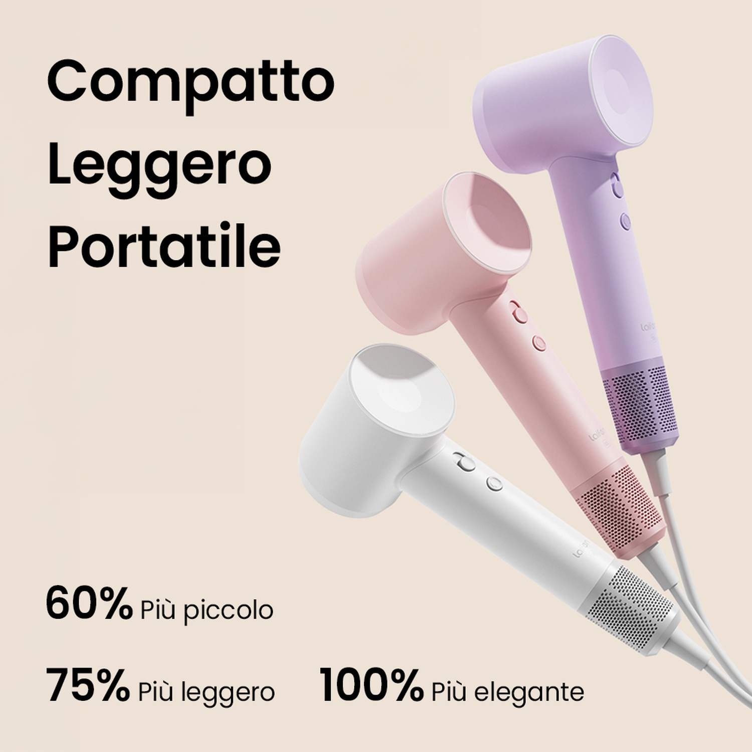 Tre asciugacapelli, rosa, lavanda e bianco.