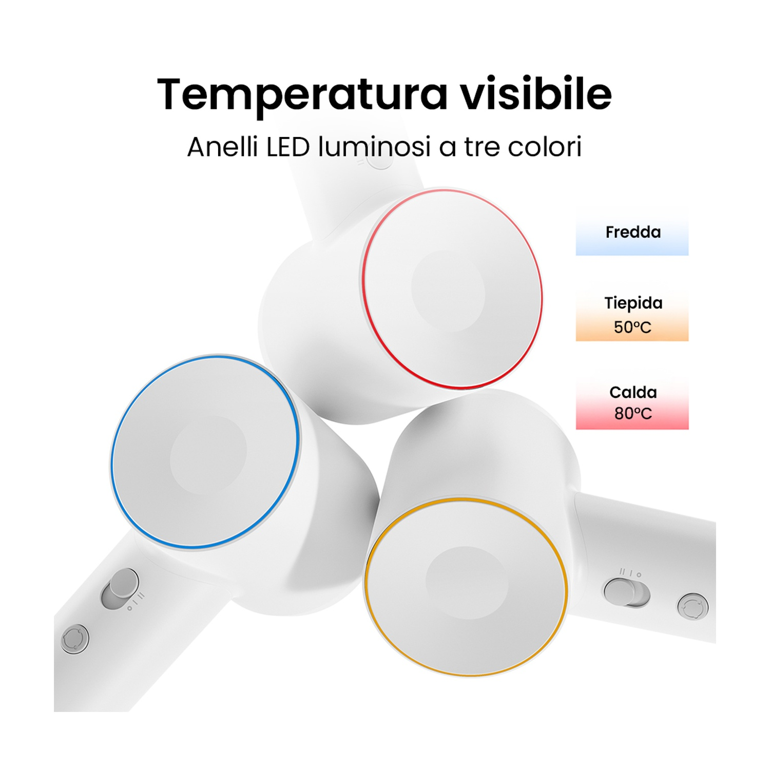 Tre asciugacapelli bianchi con anelli colorati che indicano i livelli di temperatura.