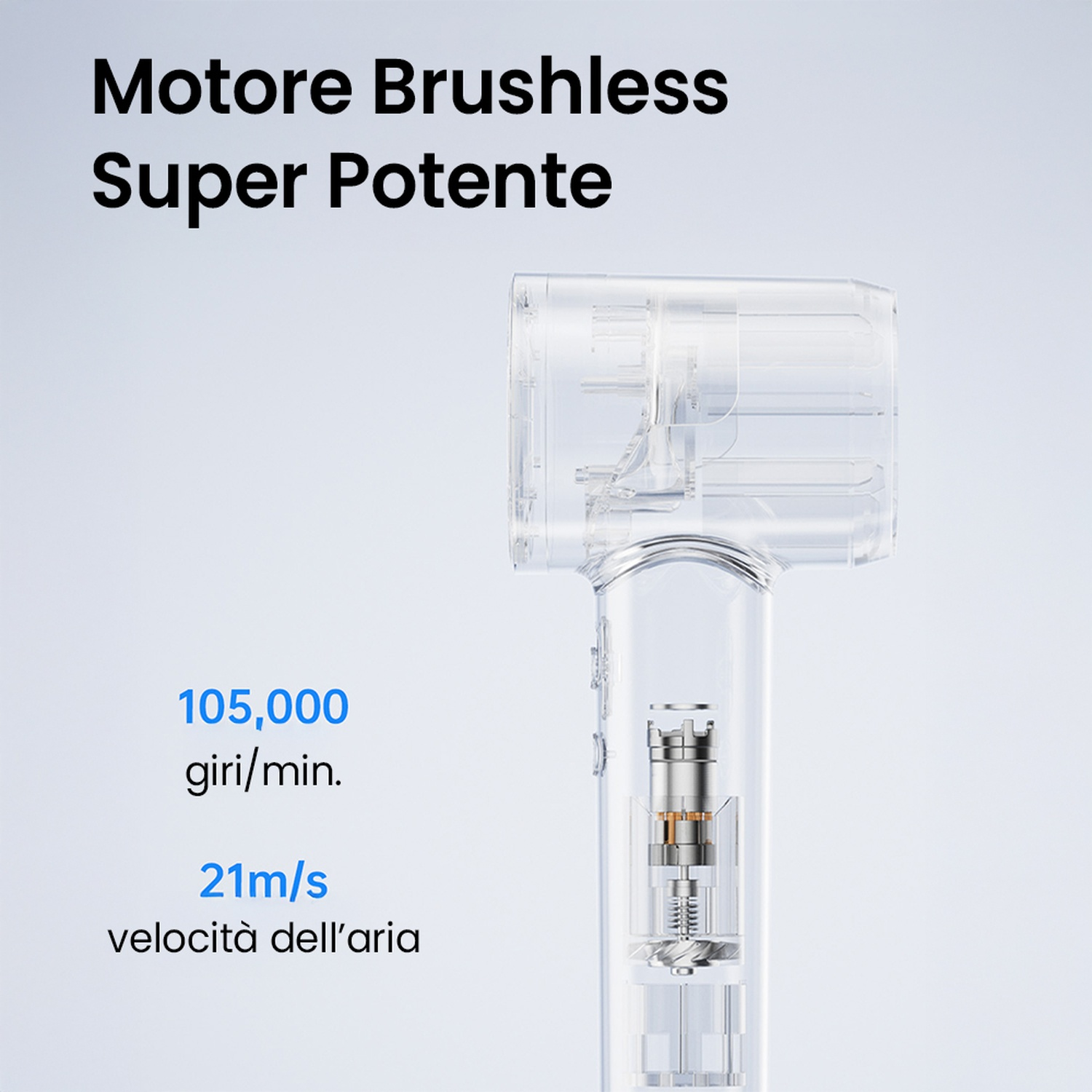 Primo piano di un asciugacapelli con testo in italiano sul suo potente motore. Velocità aria e RPM visualizzate.