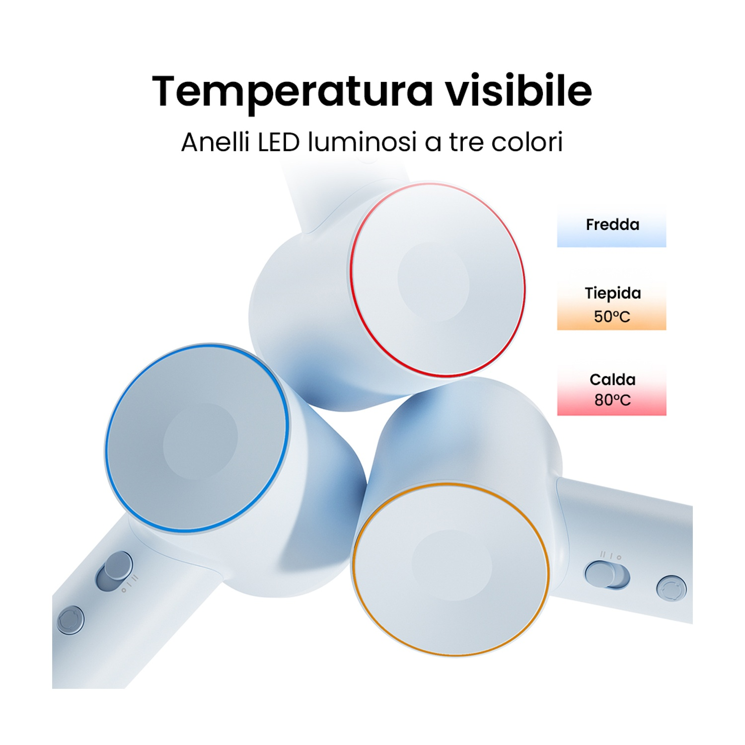 Tre ugelli per asciugacapelli Dreame. Caratteristiche: anelli LED rossi, arancioni e blu che indicano la temperatura.