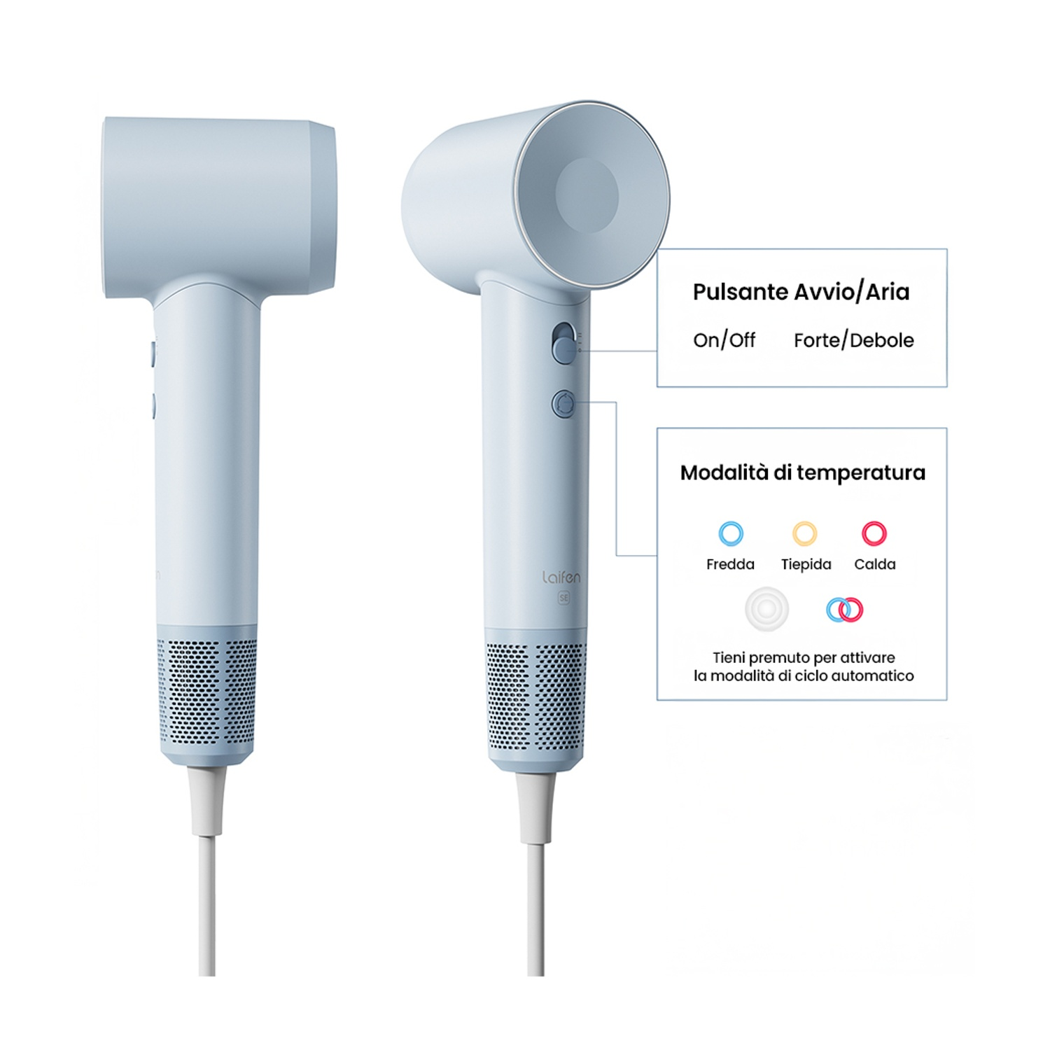 Asciugacapelli azzurro con cavo bianco e dettagli.