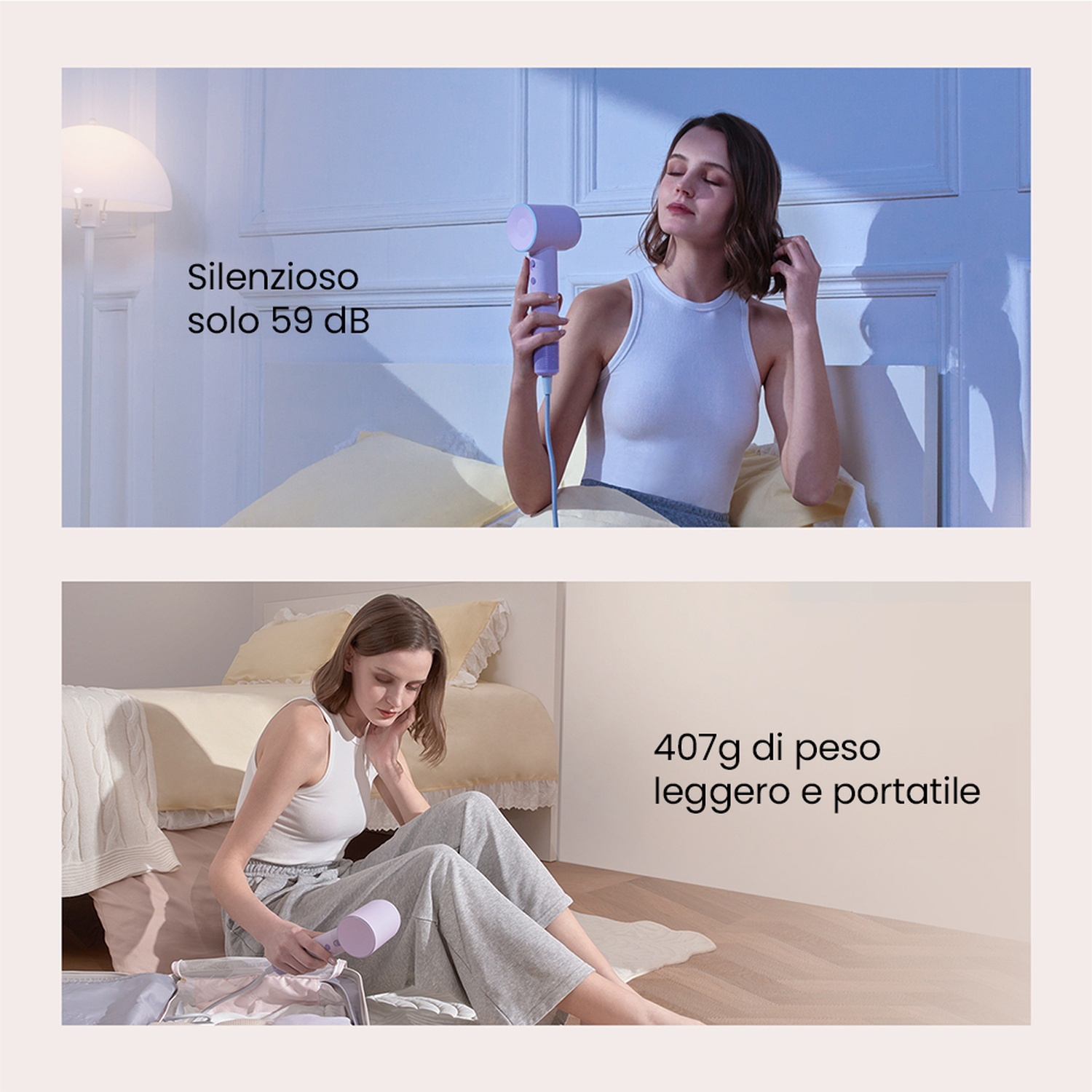 Donna che usa un asciugacapelli viola, testo su rumore e peso.