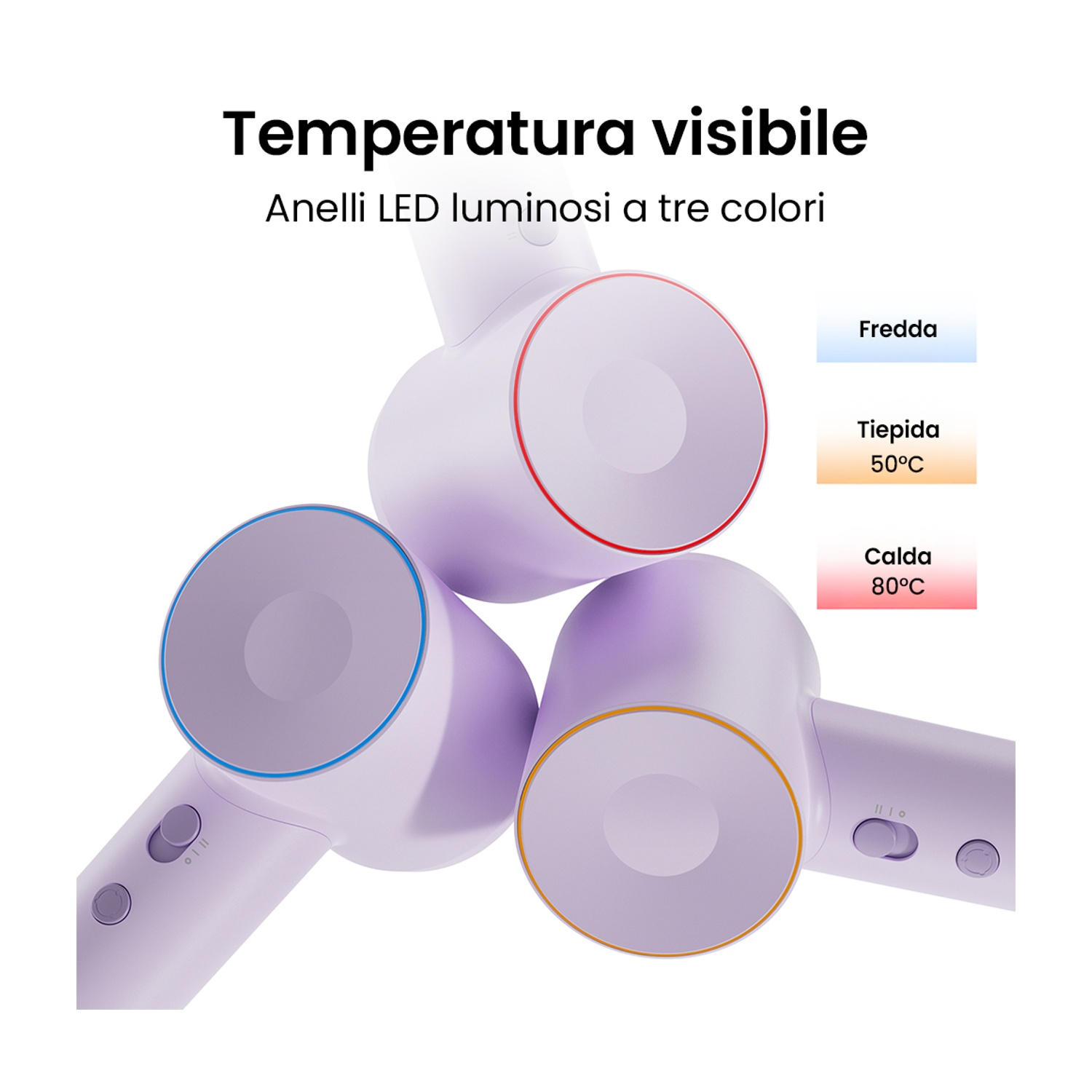 Tre asciugacapelli con anelli luminosi di diversi colori. Testo in italiano sulla temperatura visibile.
