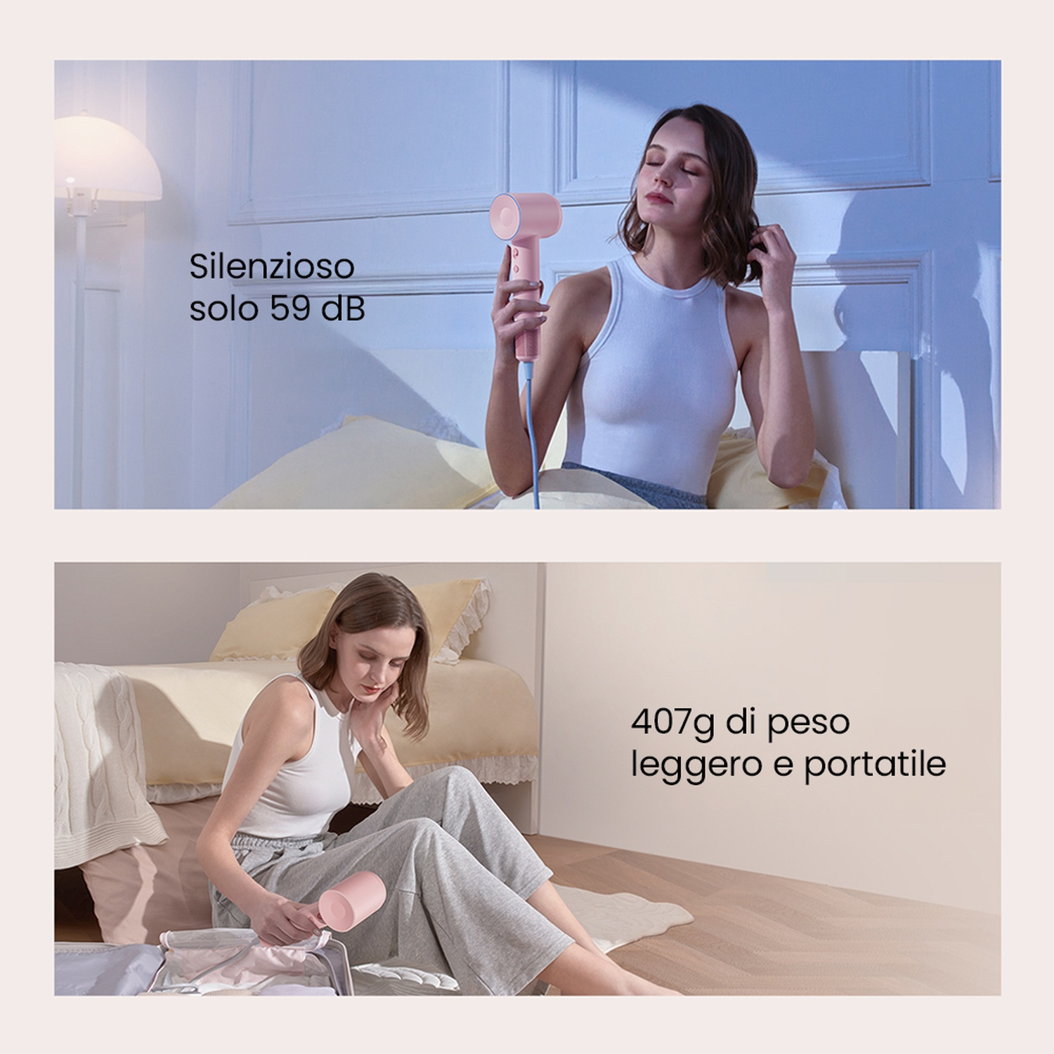 Donna che si asciuga i capelli. Un letto e una donna che fa la valigia sullo sfondo.