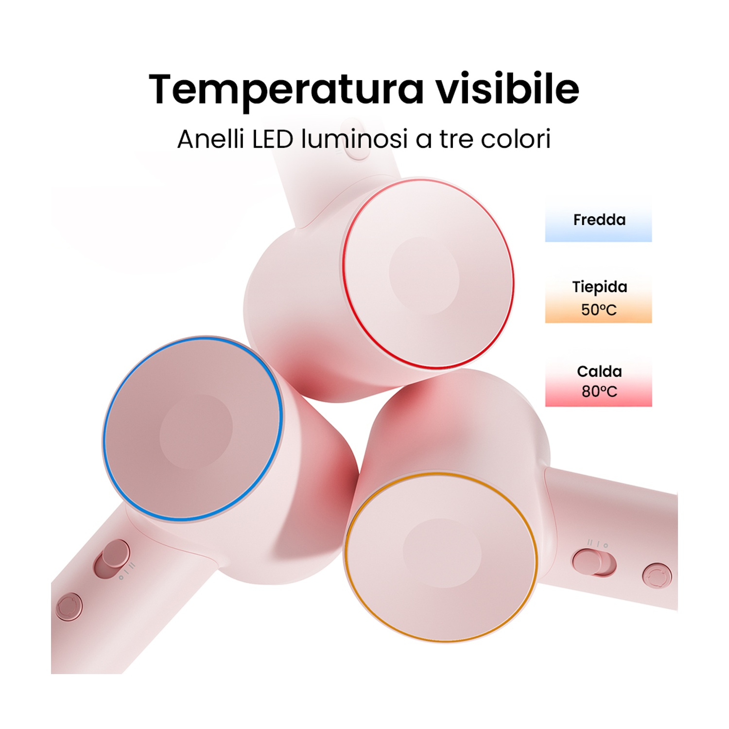 Tre asciugacapelli rosa con anelli LED luminosi che indicano le temperature.