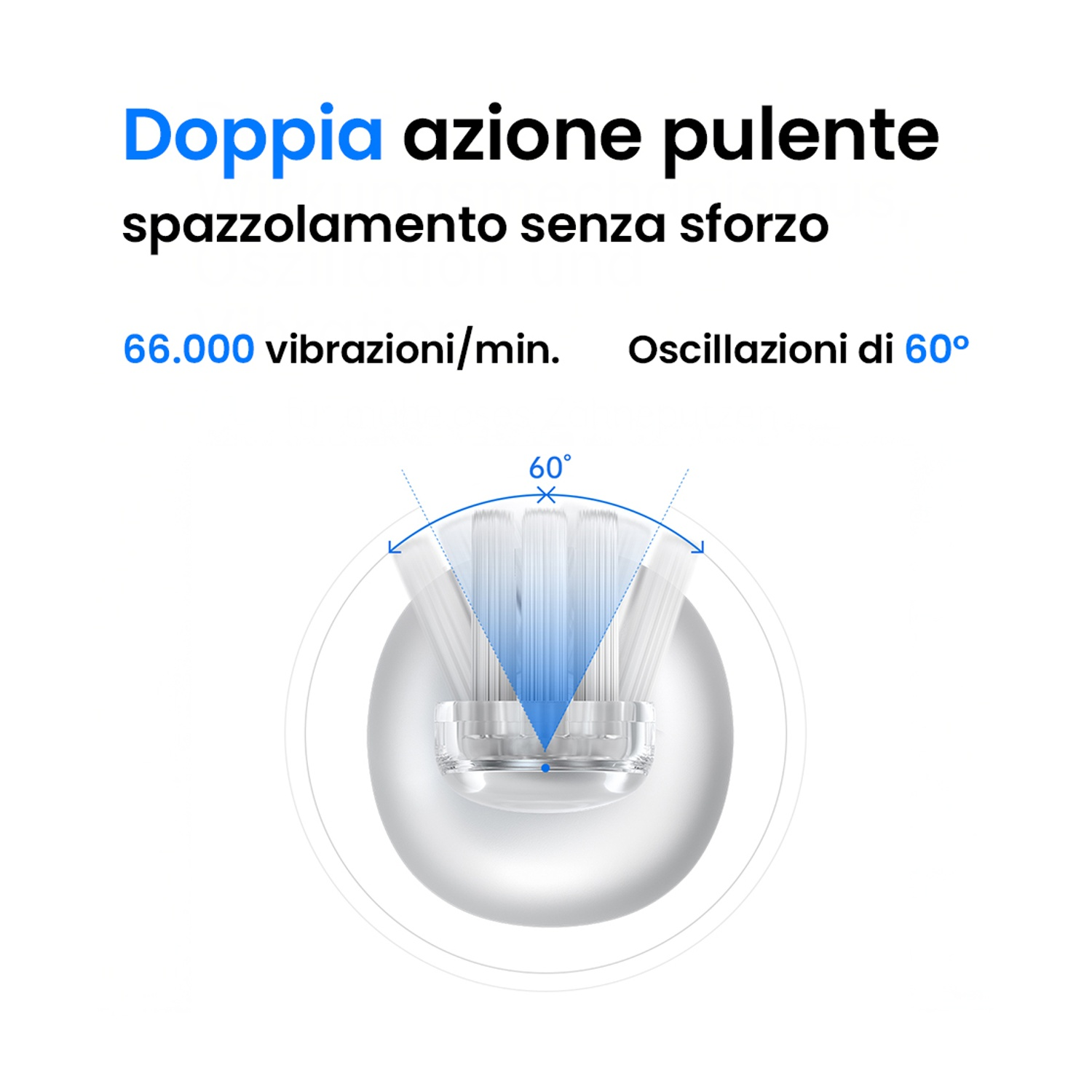 Diagramma della testina dello spazzolino. Testo: Doppia azione pulente, 66.000 vibrazioni/min, oscillazioni di 60°.