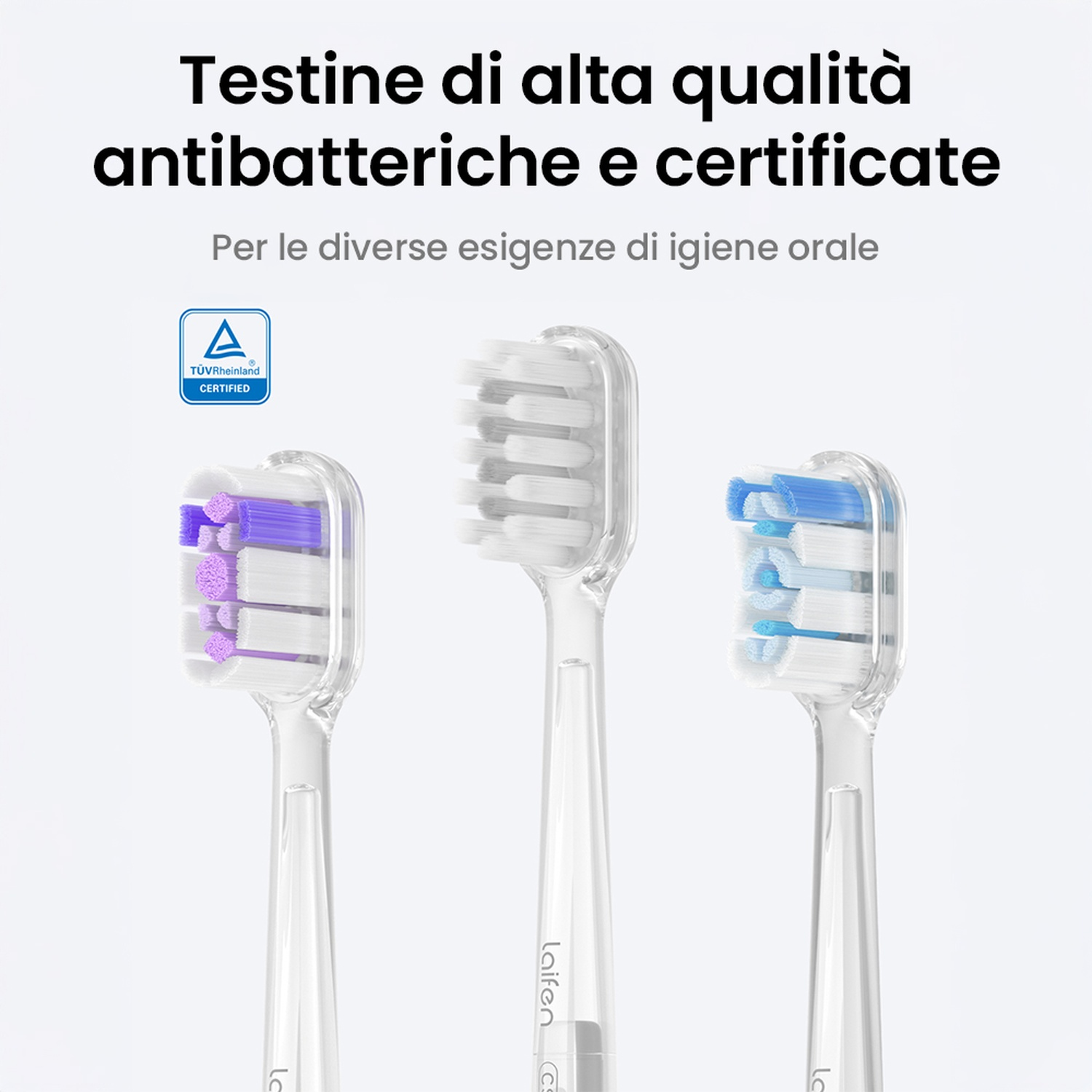 Tre spazzolini con setole di diversi colori, testo in alto.