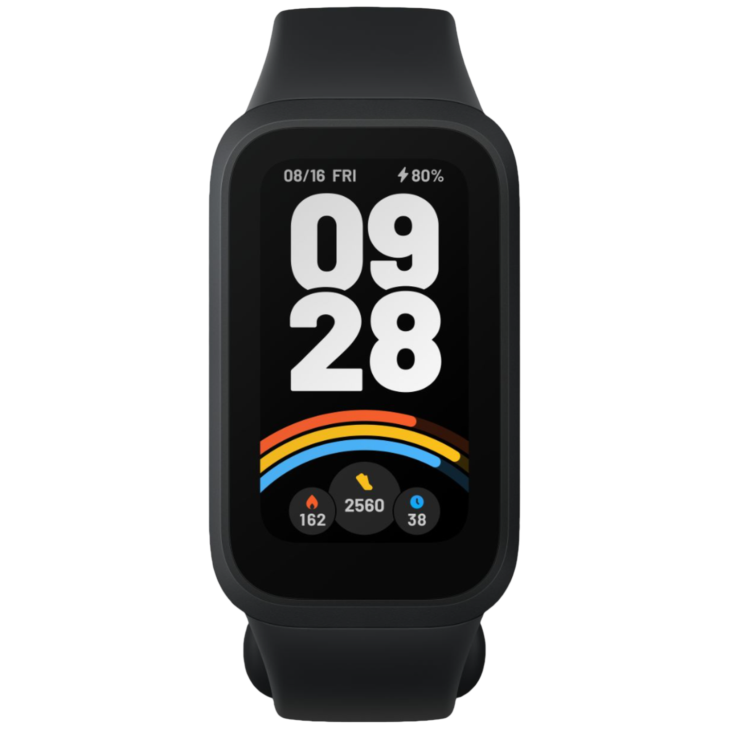 Black smartwatch displaying time, date, and fitness stats on its screen.