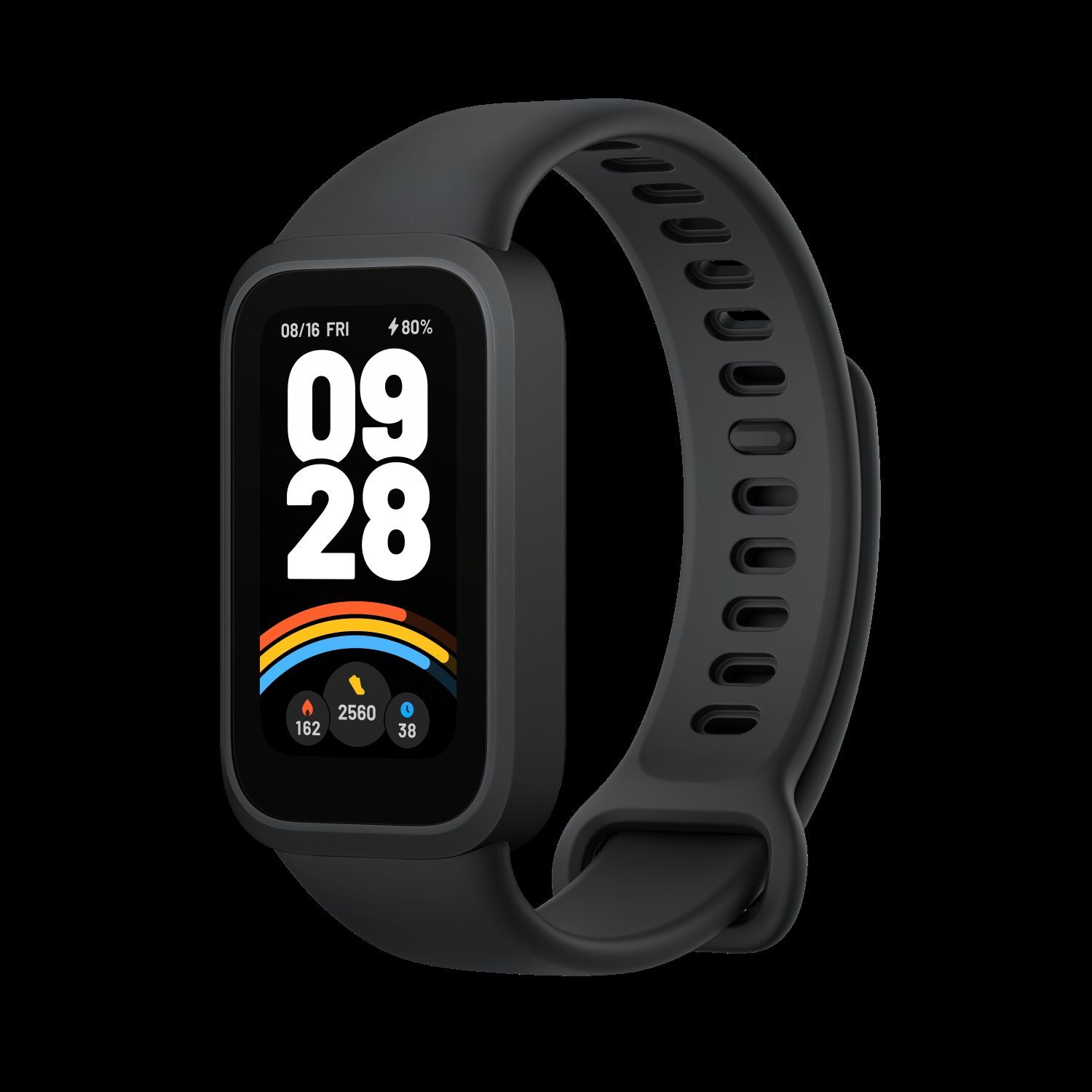Black fitness tracker with a display showing time, date, and activity stats.