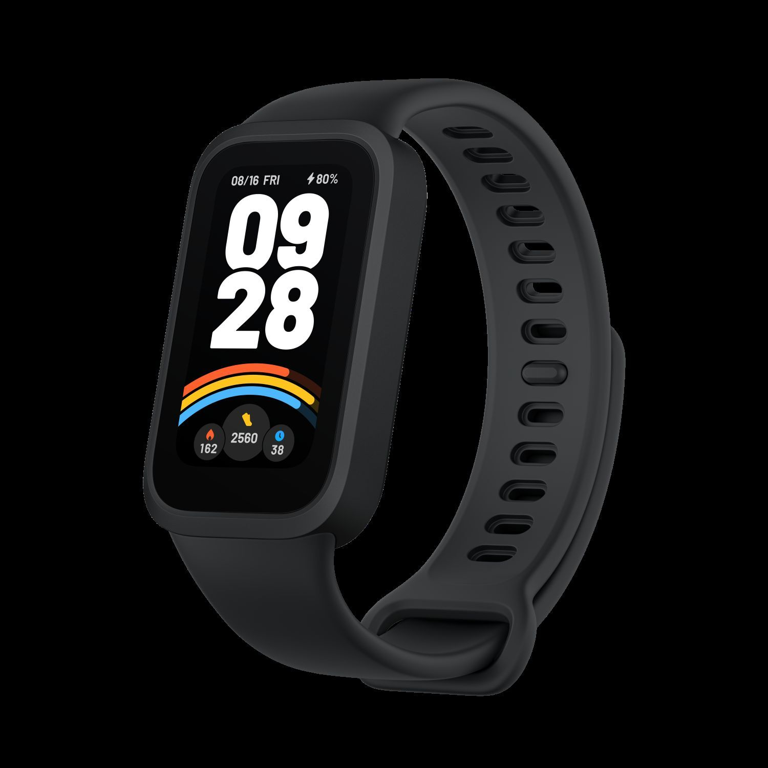 Black fitness tracker with a display, showing data.