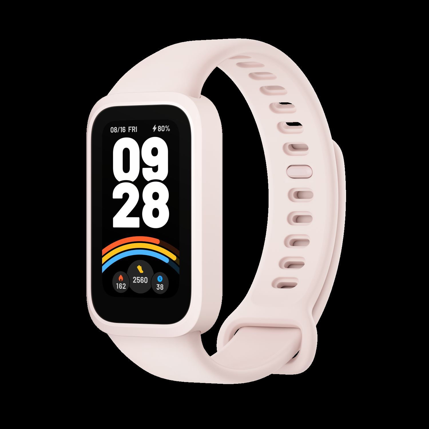 A pink smartwatch with a display showing time and activity stats. It has a pink strap.