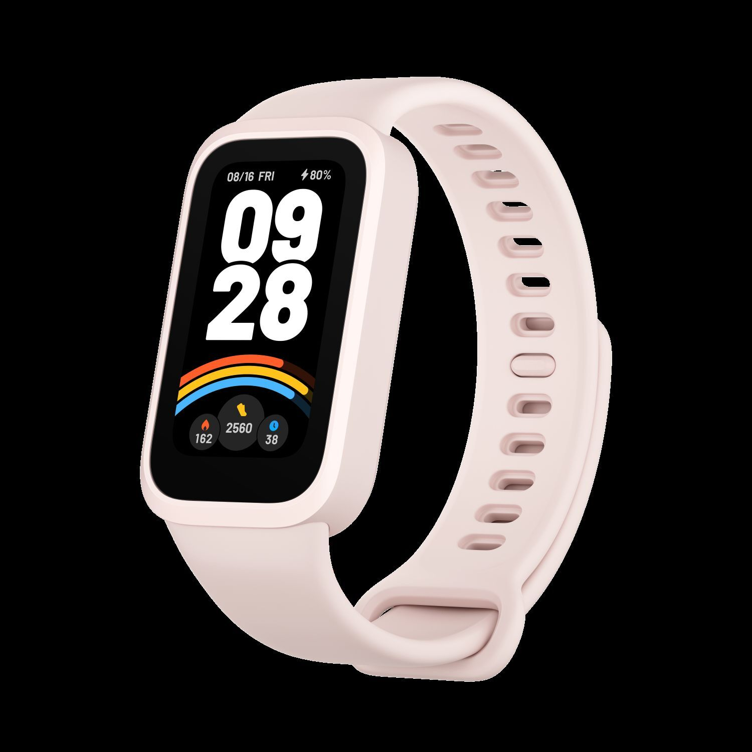Smartwatch on black background. Display shows date, time, activity rings, and heart rate.
