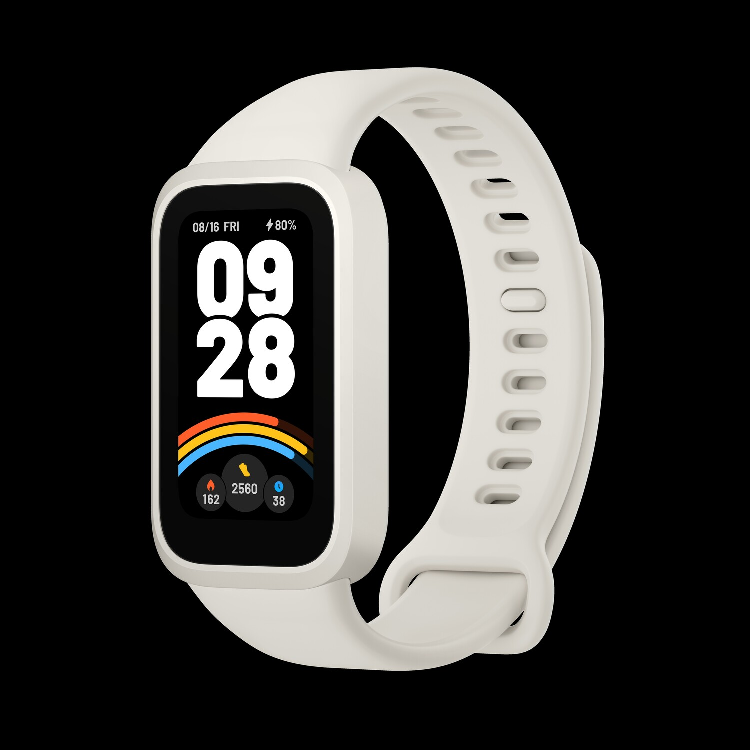 White smartwatch with a screen displaying time and data, on a black background.